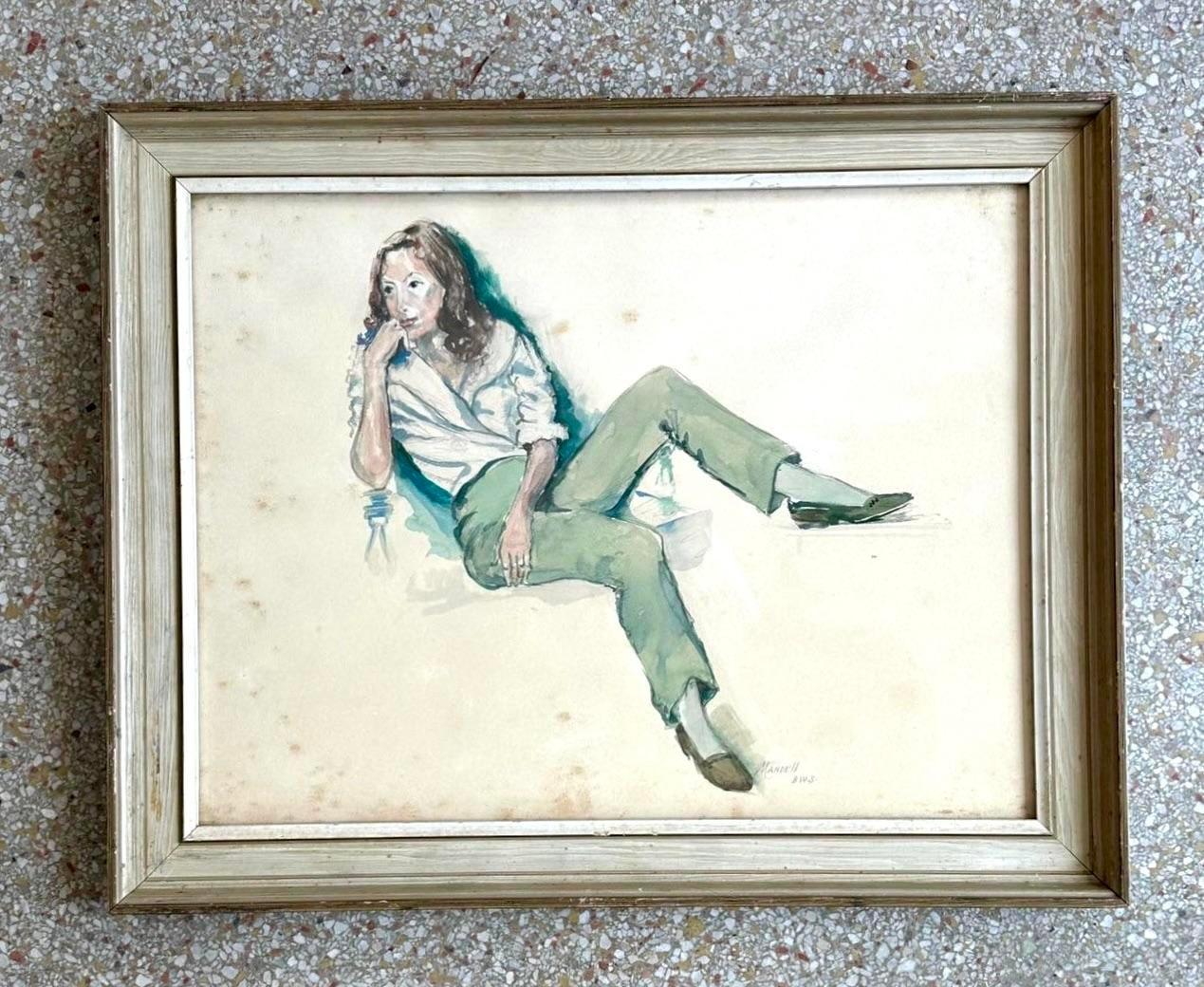 Acquerello figurativo originale su carta firmato Vintage By In condizioni buone in vendita a west palm beach, FL