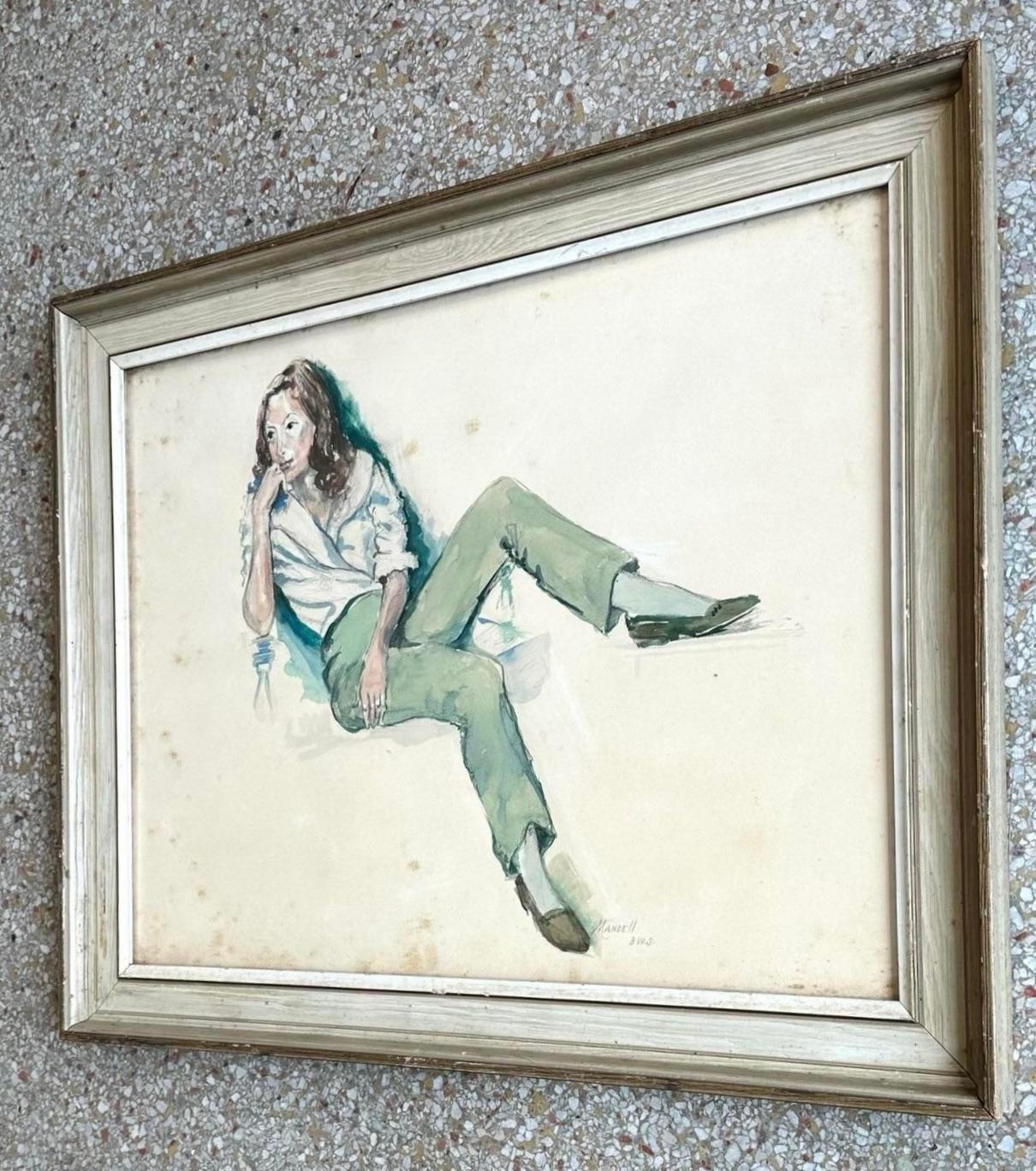 Vetro Acquerello figurativo originale su carta firmato Vintage By in vendita