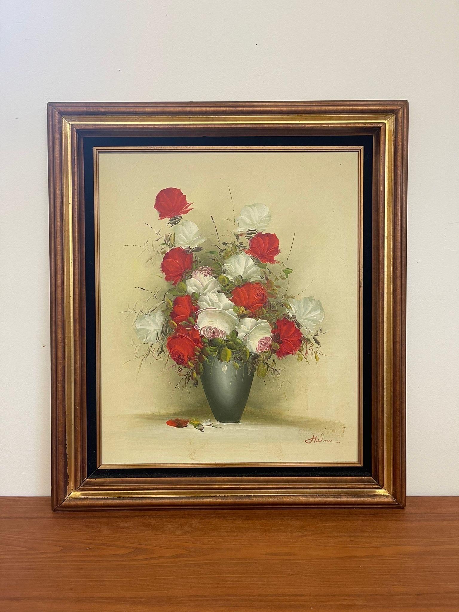 Vintage Painting of Red and Floral Bouquet Signed by Helmer. Frame has Black Velvet or Accent. Possibly Oil or Acrylic on Cavas. Vintage Condition Consistent with Age as Pictured.

Dimensions. 27 W ; 3/4 D ; 31 H