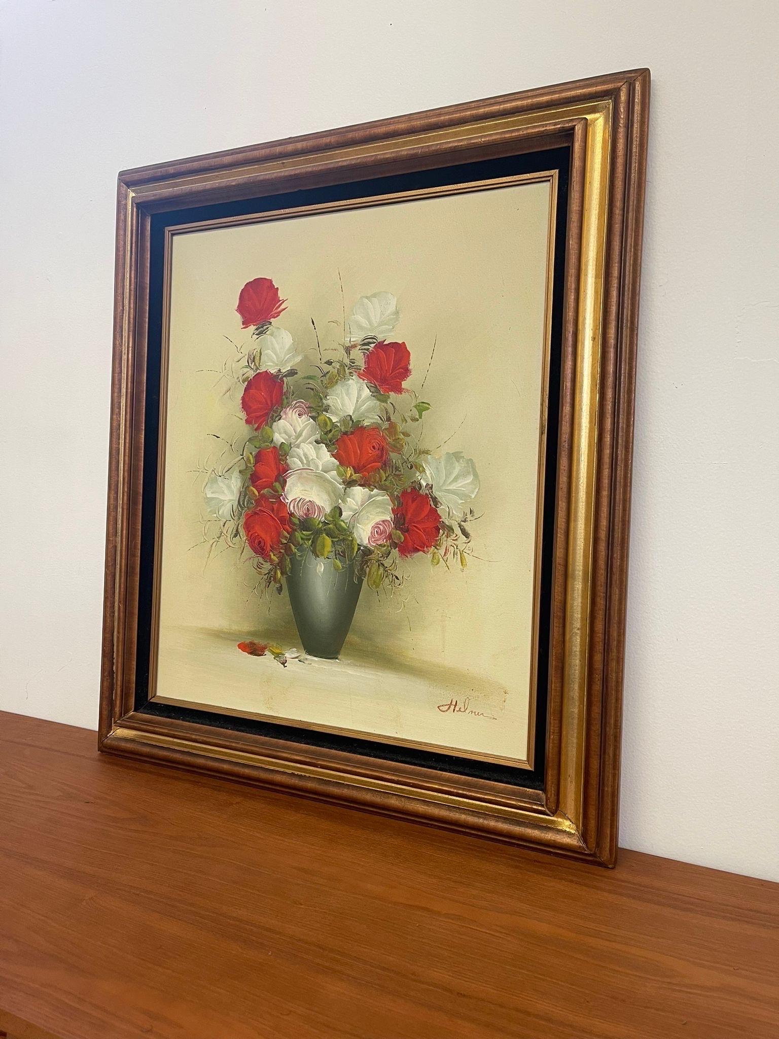 Mid-Century Modern Vintage Signed Original Floral Painting in Wood Frame. For Sale
