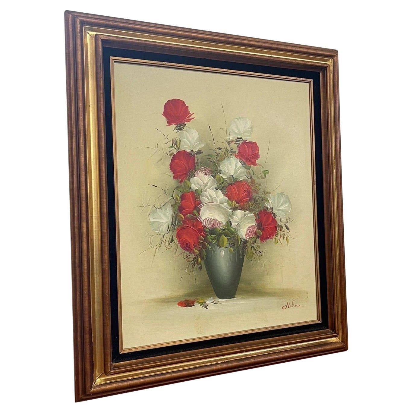 Signiertes Original-Blumengemälde in Holzrahmen, Vintage.