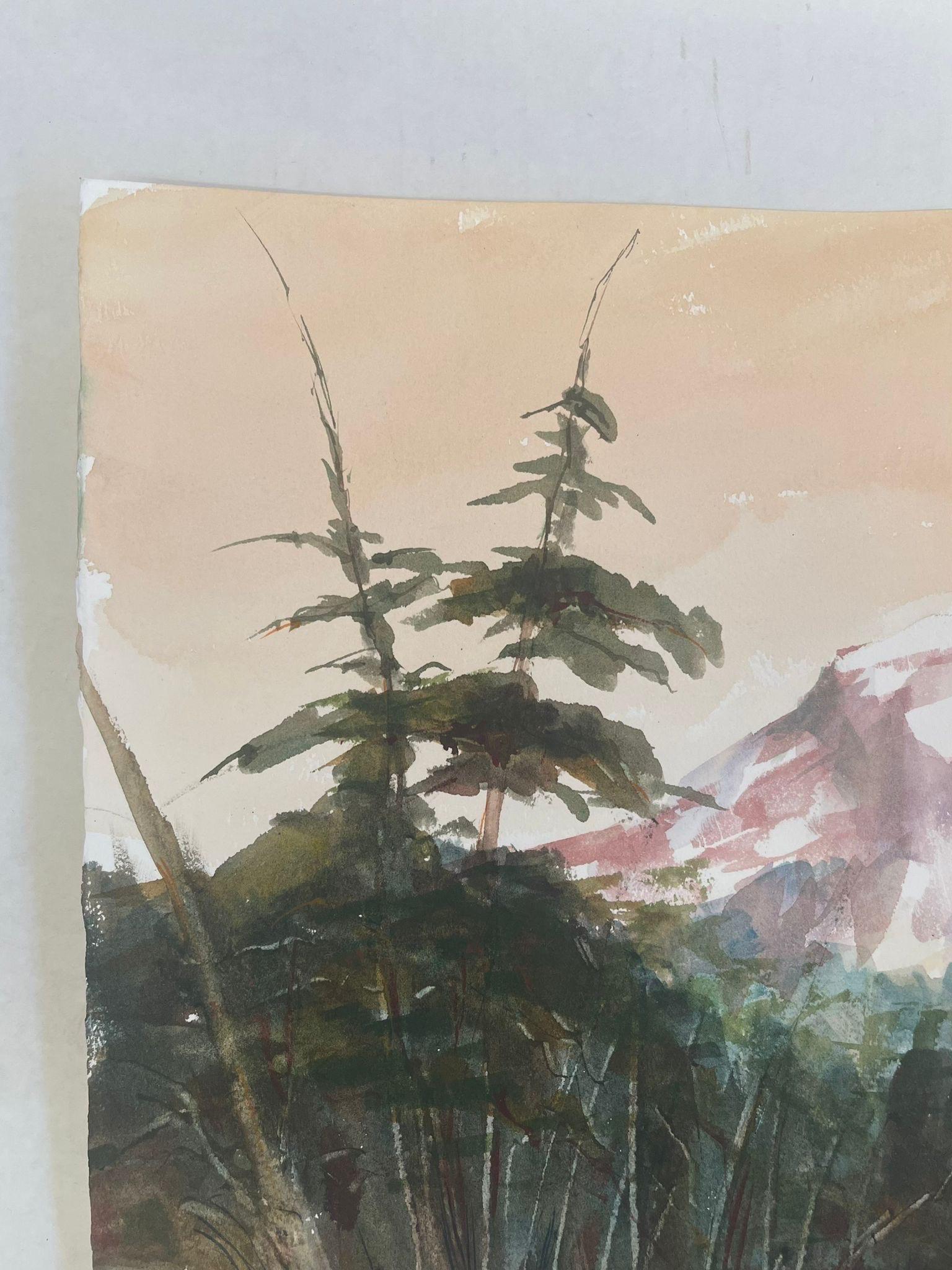 Late 20th Century Vintage Signed Original Forest and Mountain Landscape Artwork. For Sale