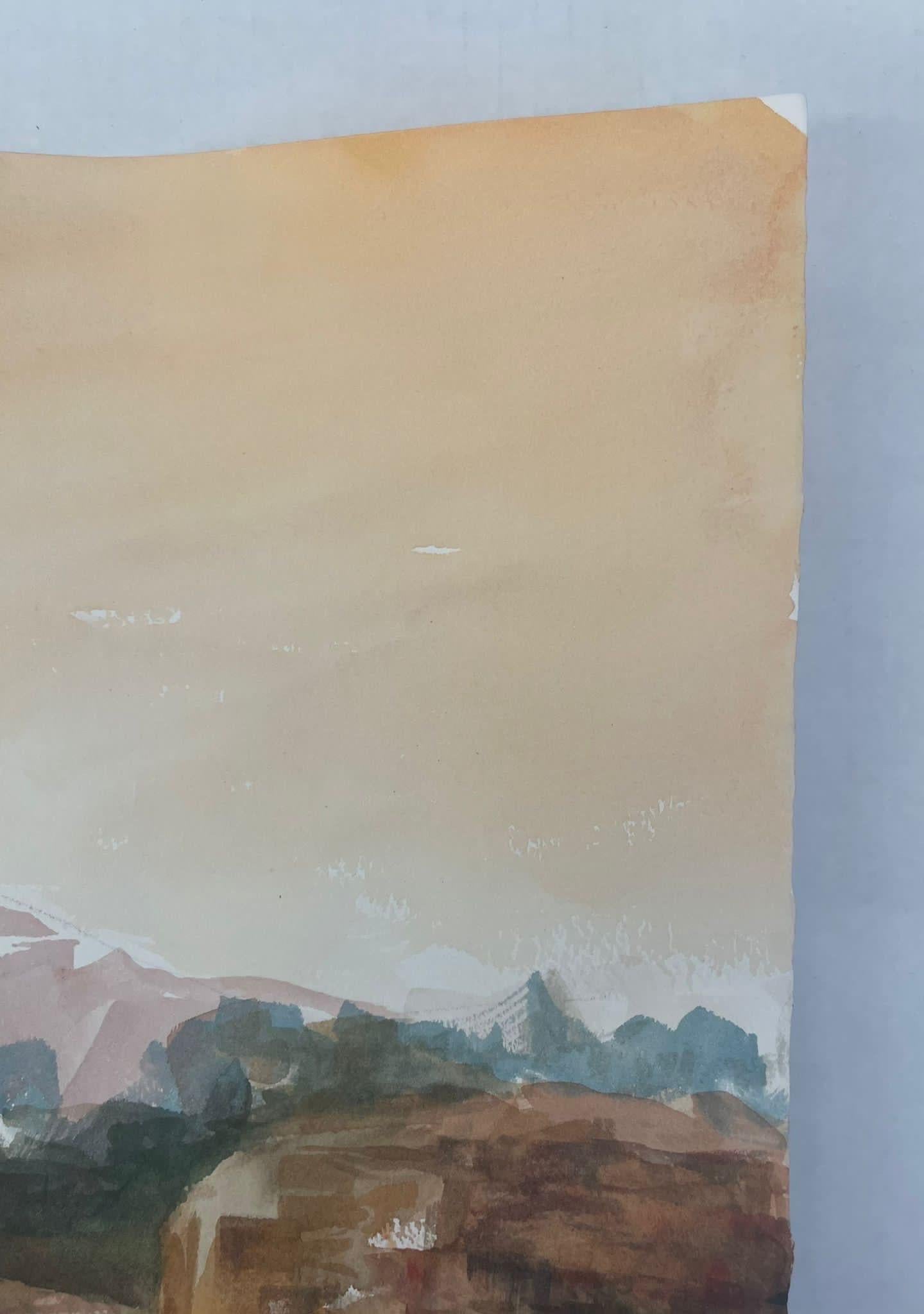 Signiertes Original-Kunstwerk in Wald- und Berglandschaft, Vintage. (Papier) im Angebot