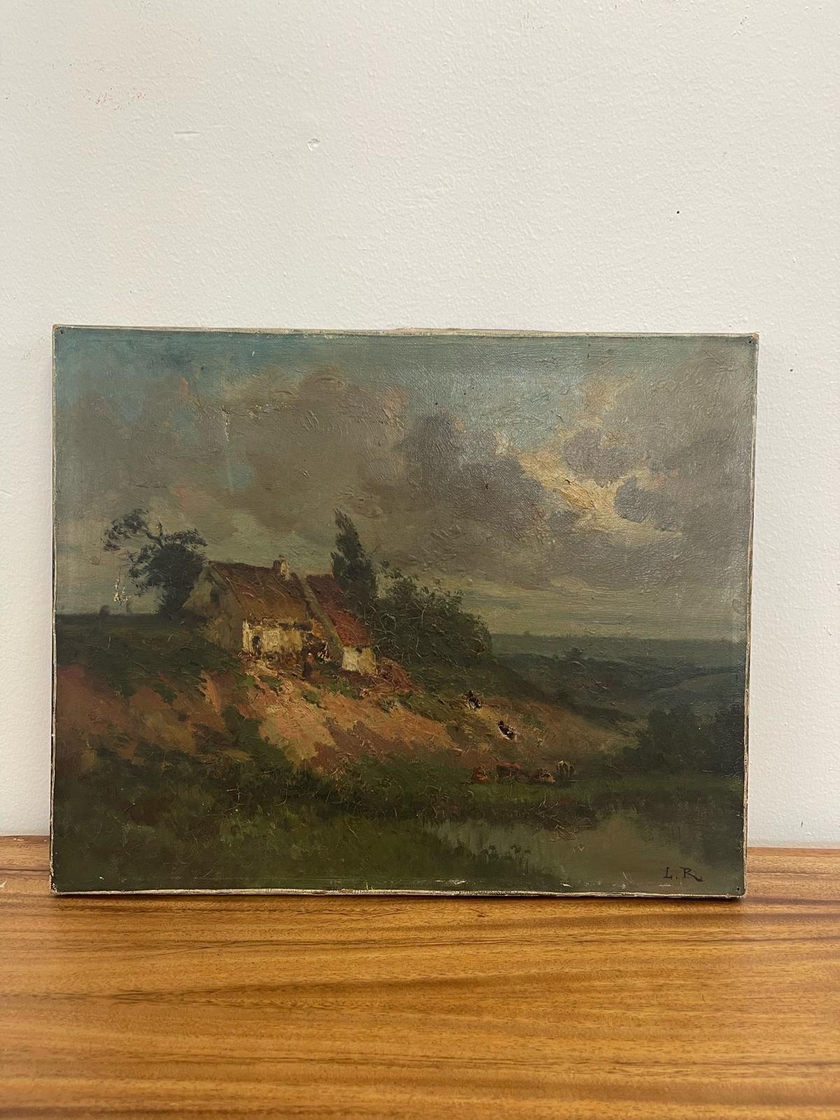 Sourced From Parisian Market. Patina and Cracking due to Age. The Artwork is Textured, Particularly in the Clouds. Signed in the Lower Corner. Vintage Condition Consistent with Age as Pictured.

Dimensions. 16 W ; 1/8 D ; 13 H