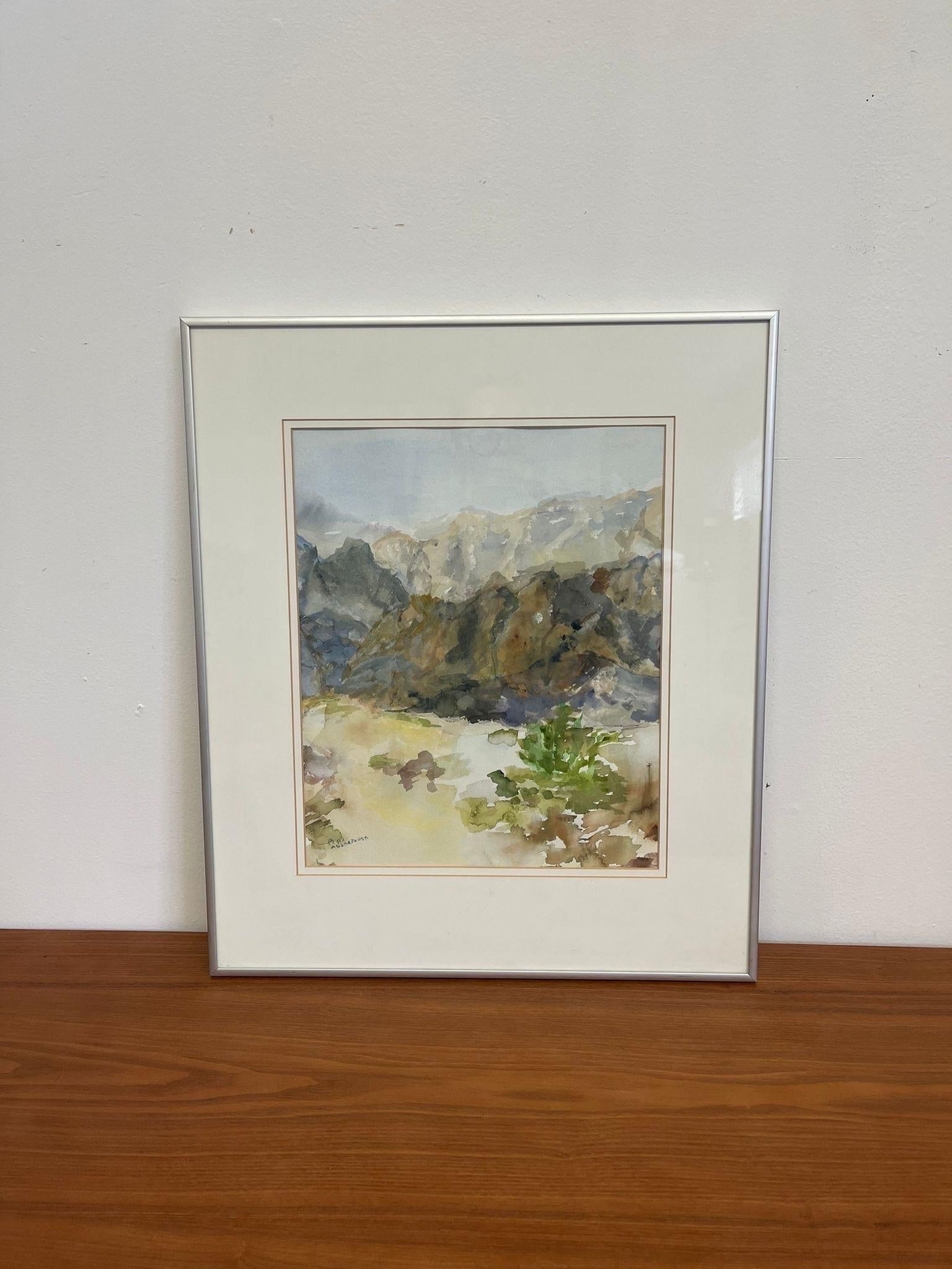 Vintage Watercolor Painting of Landscape on paper within a Silver Toned Frame. Signed in the Lower Left Hand Corner by Artist . Vintage Condition Consistent with Age as Pictured.

Dimensions. 17 W ; 1/4 D ; 20 H