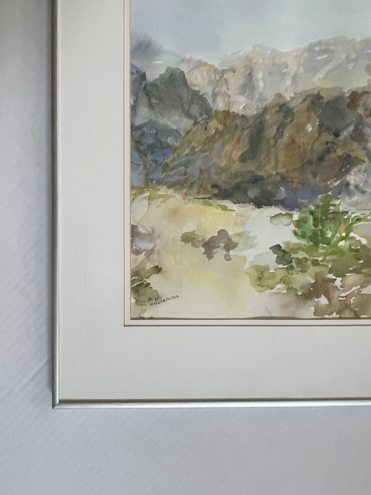 Mid-Century Modern Vintage Signed Original Landscape Watercolor Framed Painting. For Sale