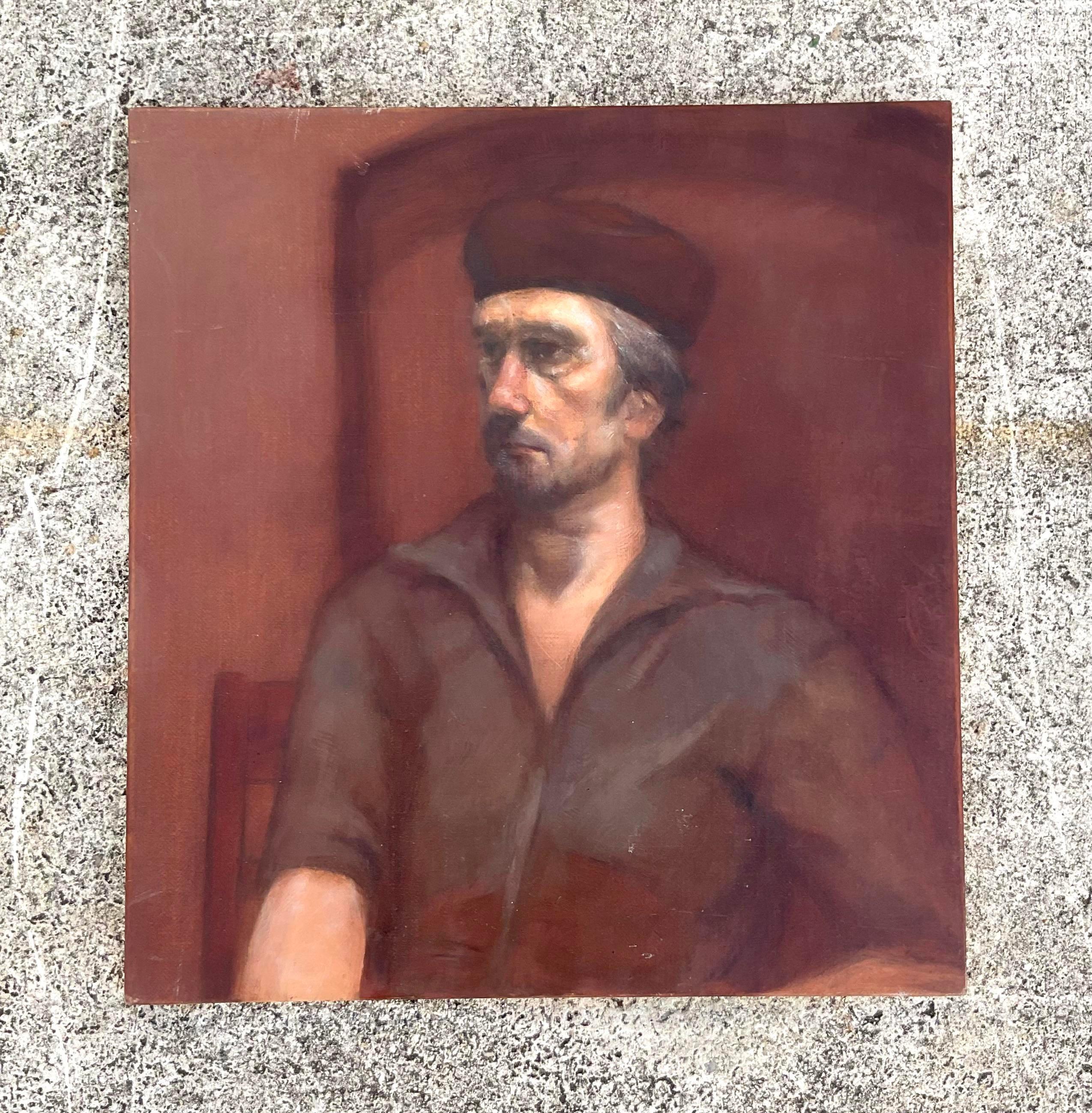 Fantastique portrait à l'huile original vintage. Une composition d'un homme avec un chapeau dans des couleurs riches et profondes. Signé par l'artiste. Acquis d'une succession de Palm Beach