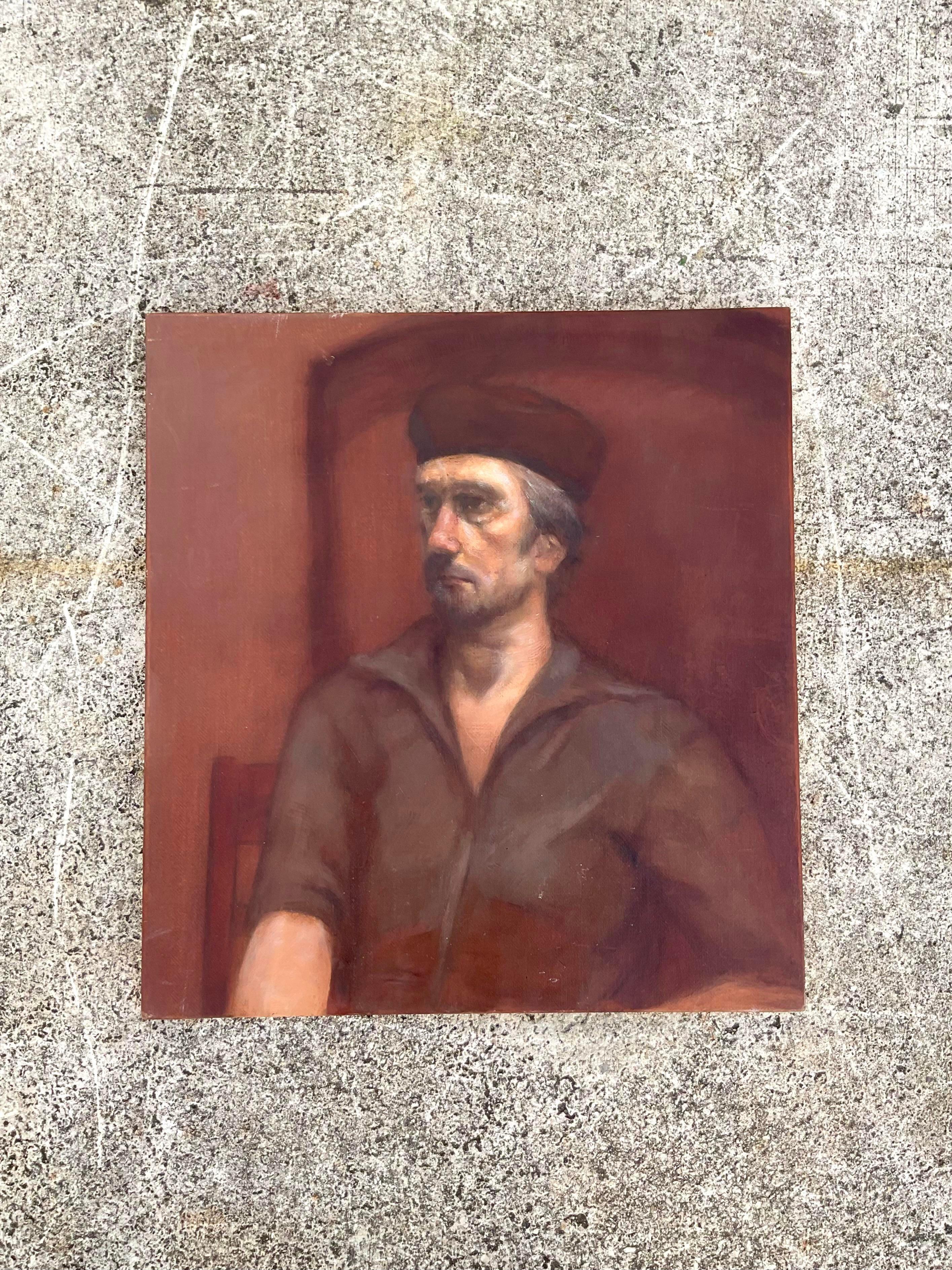 North American Vintage Signed Original Oil Painting of Man in Hat For Sale