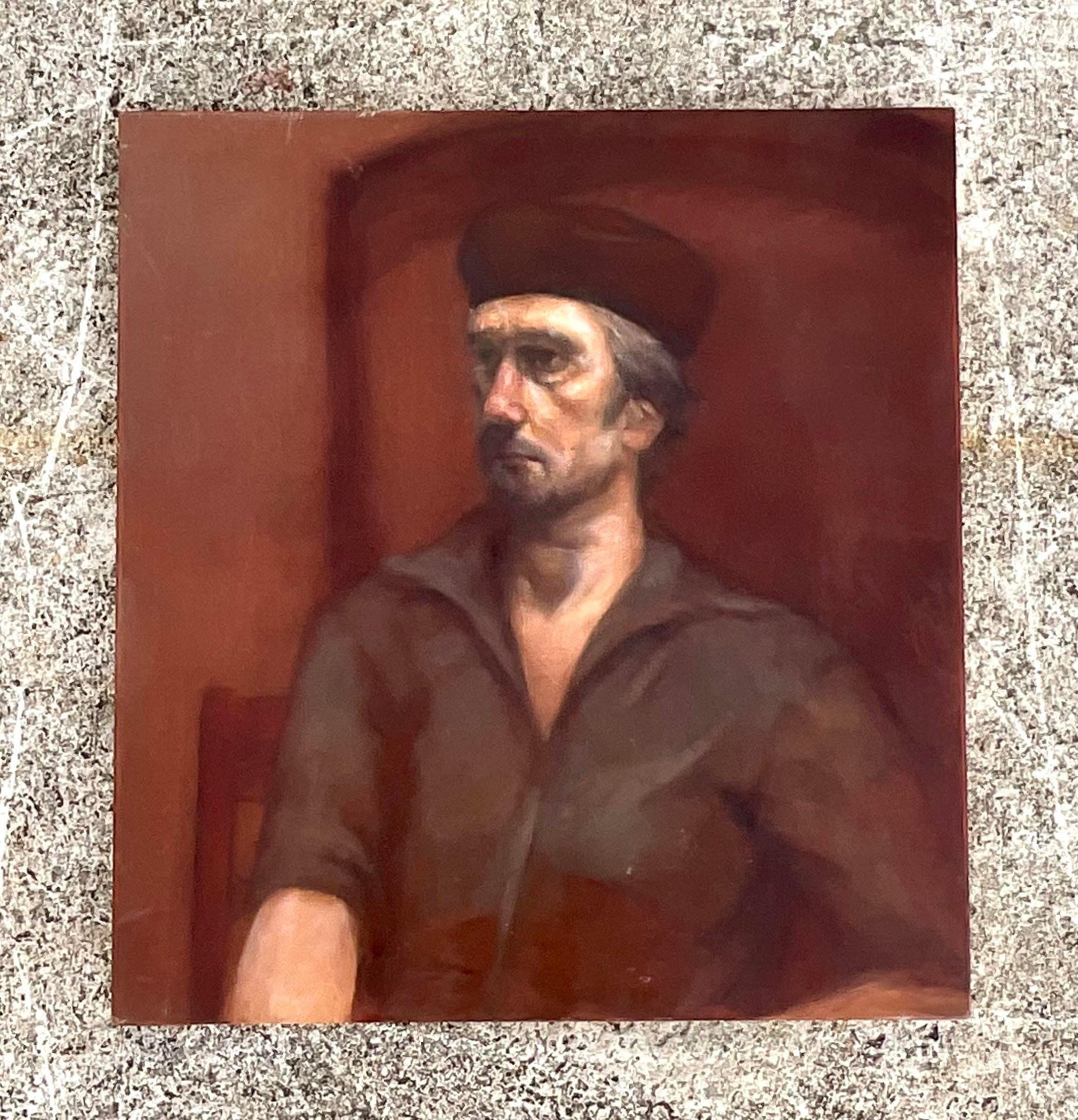 Vintage Signed Original Oil Painting of Man in Hat In Good Condition For Sale In west palm beach, FL