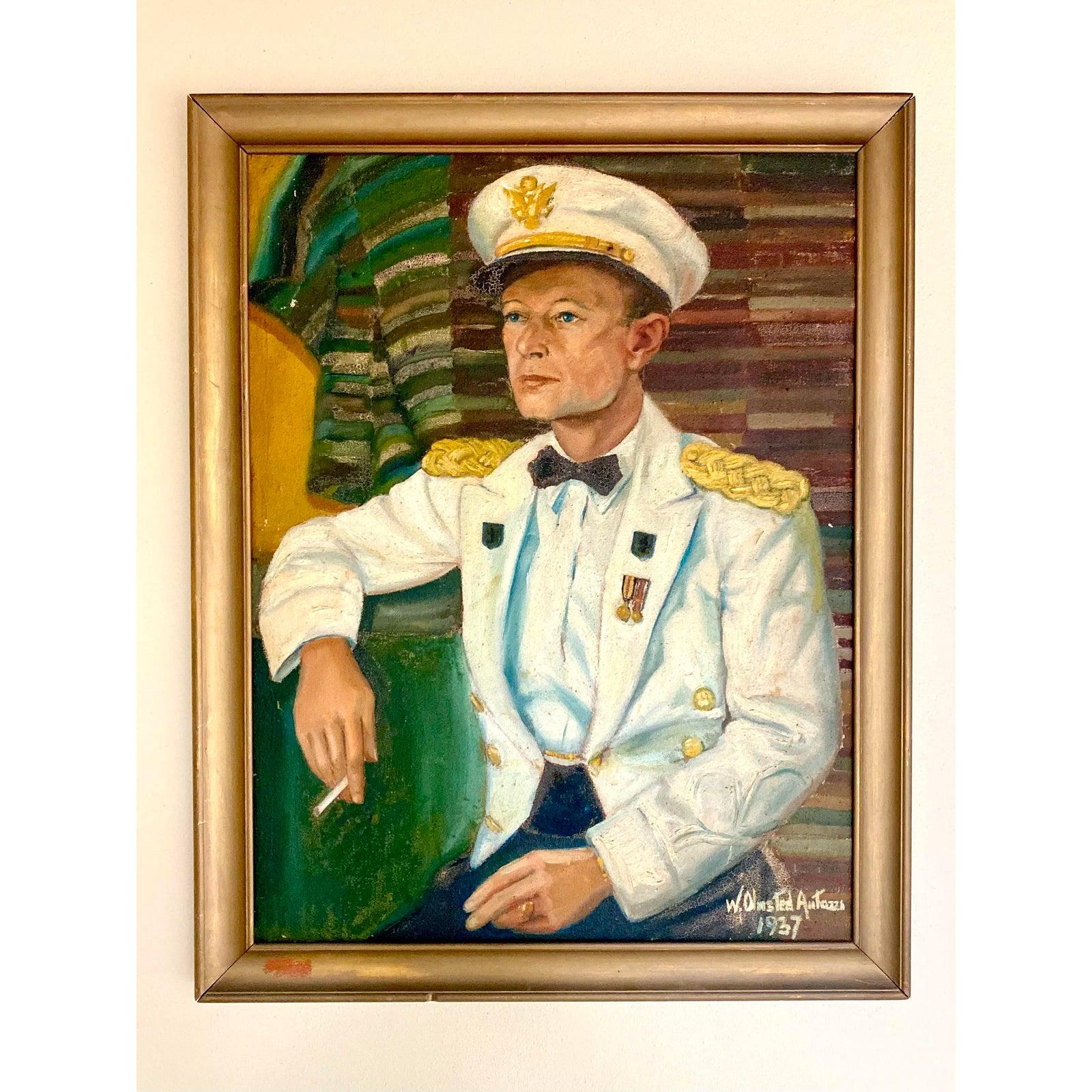 Striking vintage oil portrait. Signed by the artist Antazzi and dated 1937. A fabulous composition of an Army Major in his dress whites. Lots of beautiful painterly detail with deep, rich colors. Acquired from a Palm Beach estate.