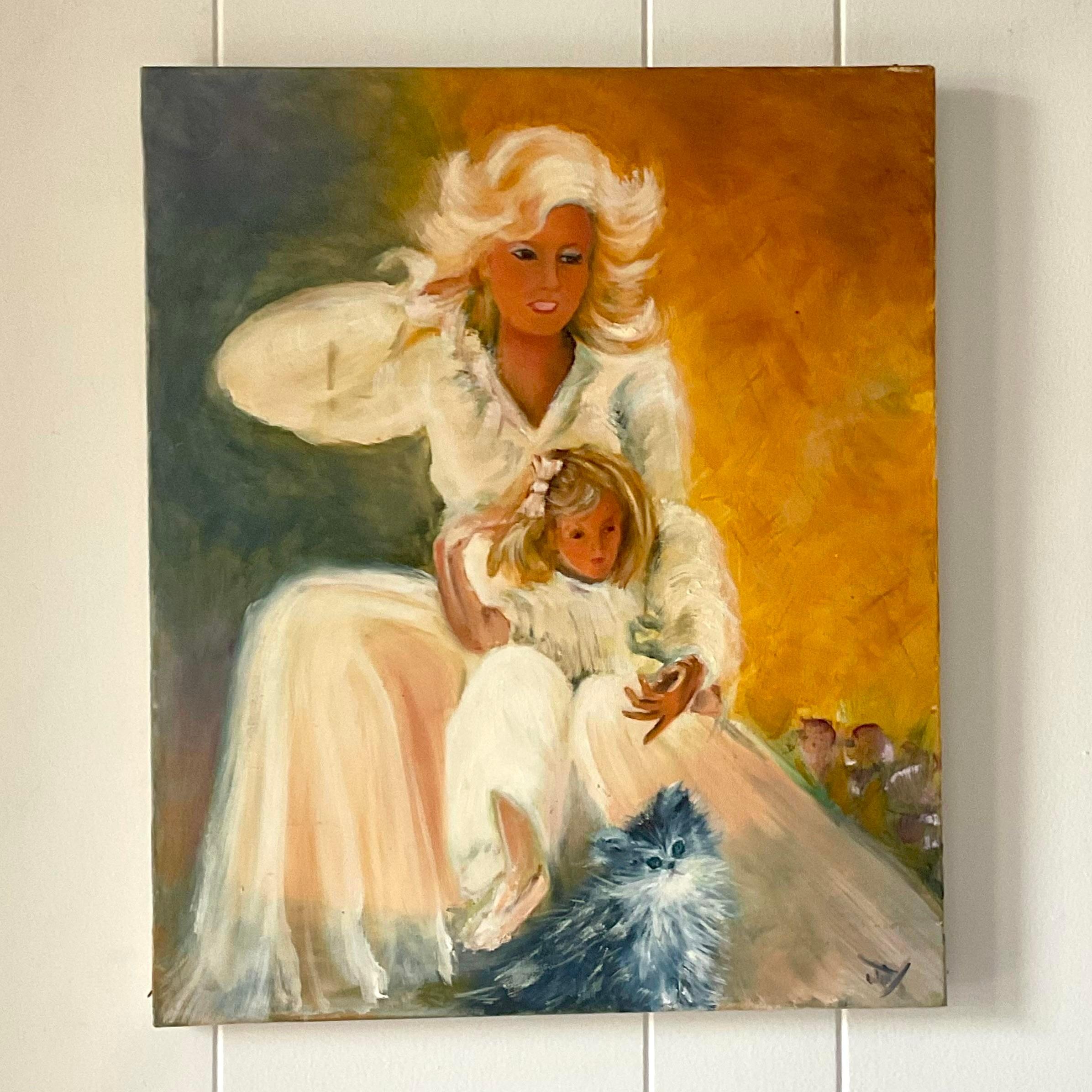 A fabulous vintage Boho original oil portrait. A brightly colored composition of a mother and daughter. Signed by the artist. Acquired from a Miami estate. 