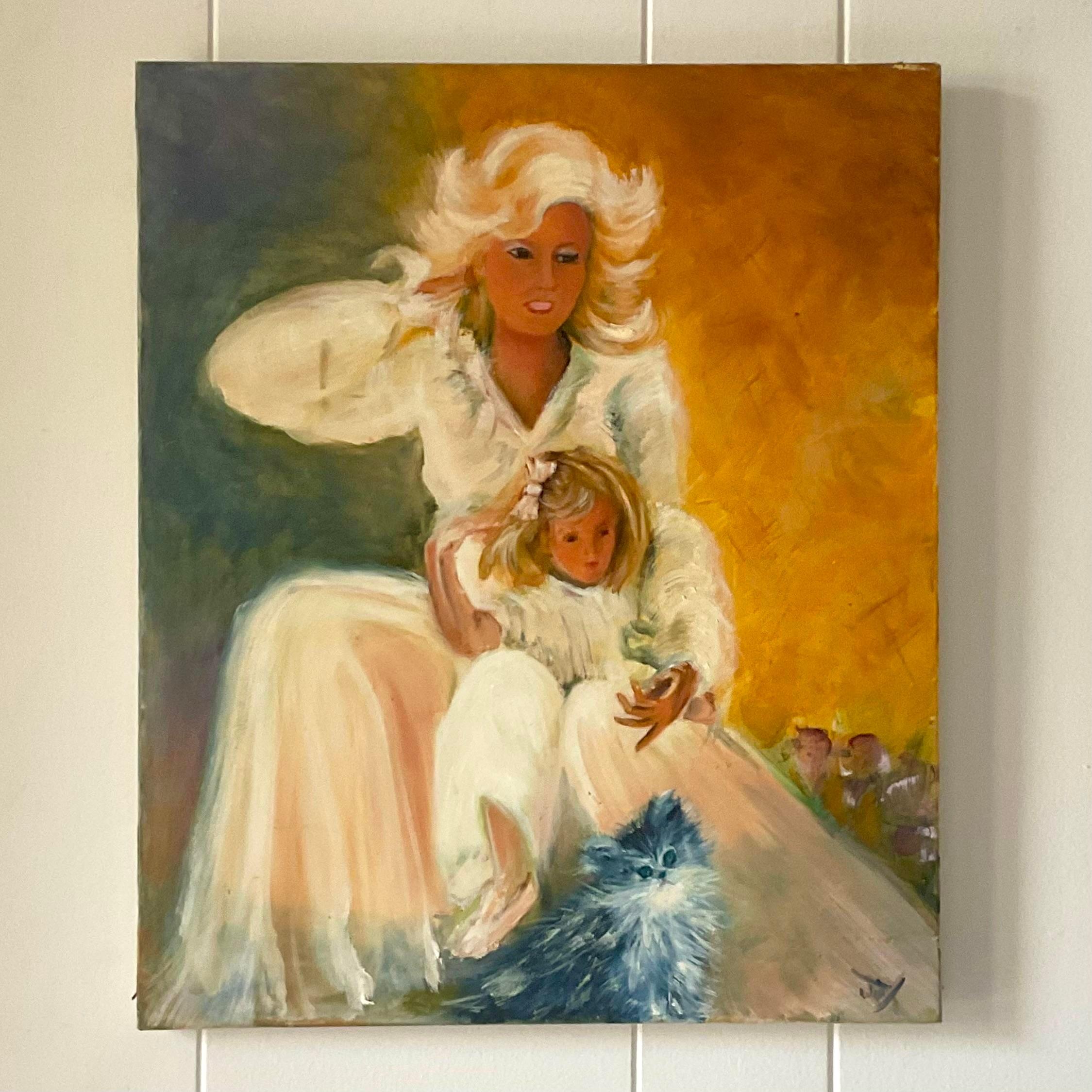 North American Vintage Signed Original Oil Portrait of a Mother & Daughter For Sale