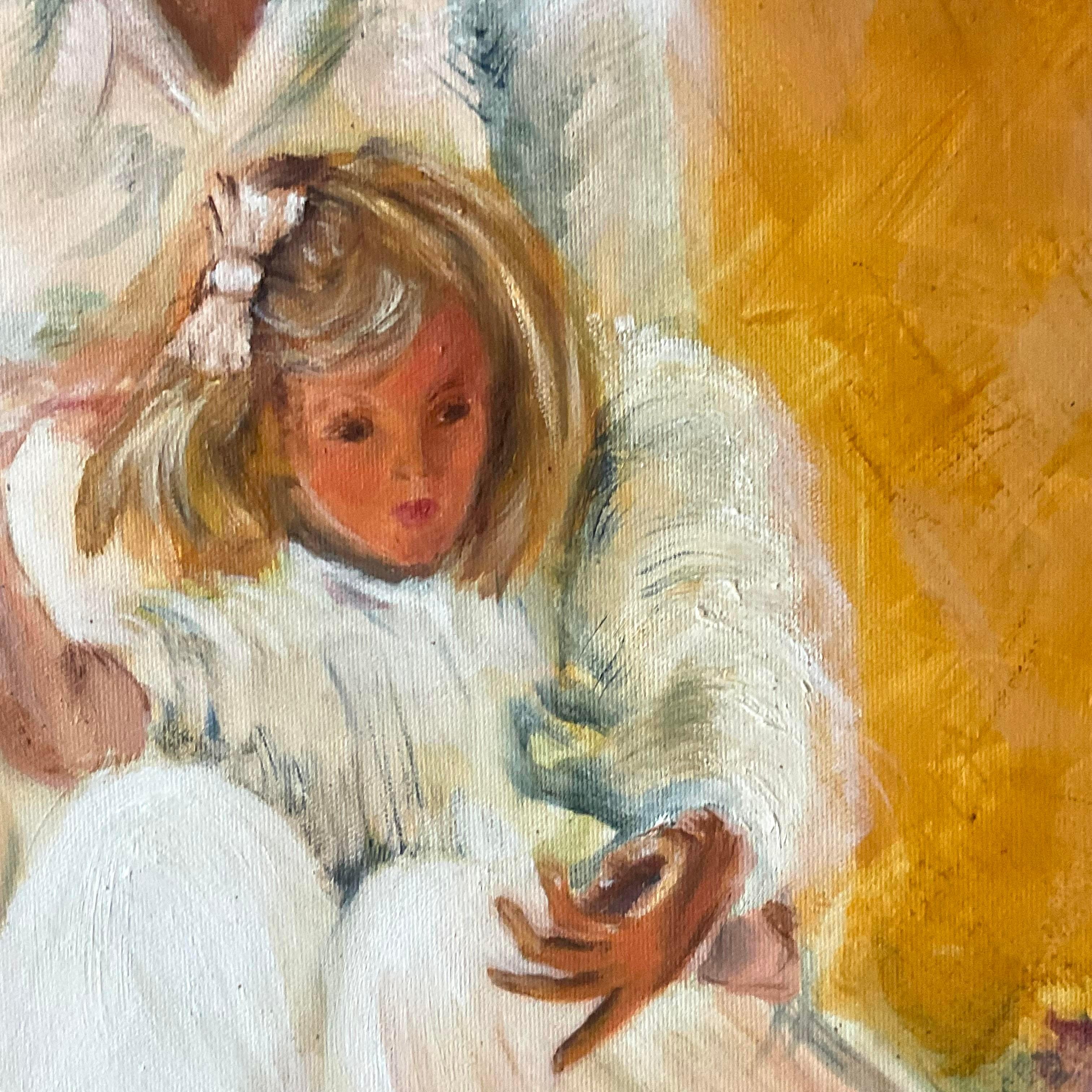 Vintage Signed Original Oil Portrait of a Mother & Daughter In Good Condition For Sale In west palm beach, FL
