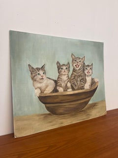 Quadro originale vintage firmato di gattini in un cesto.