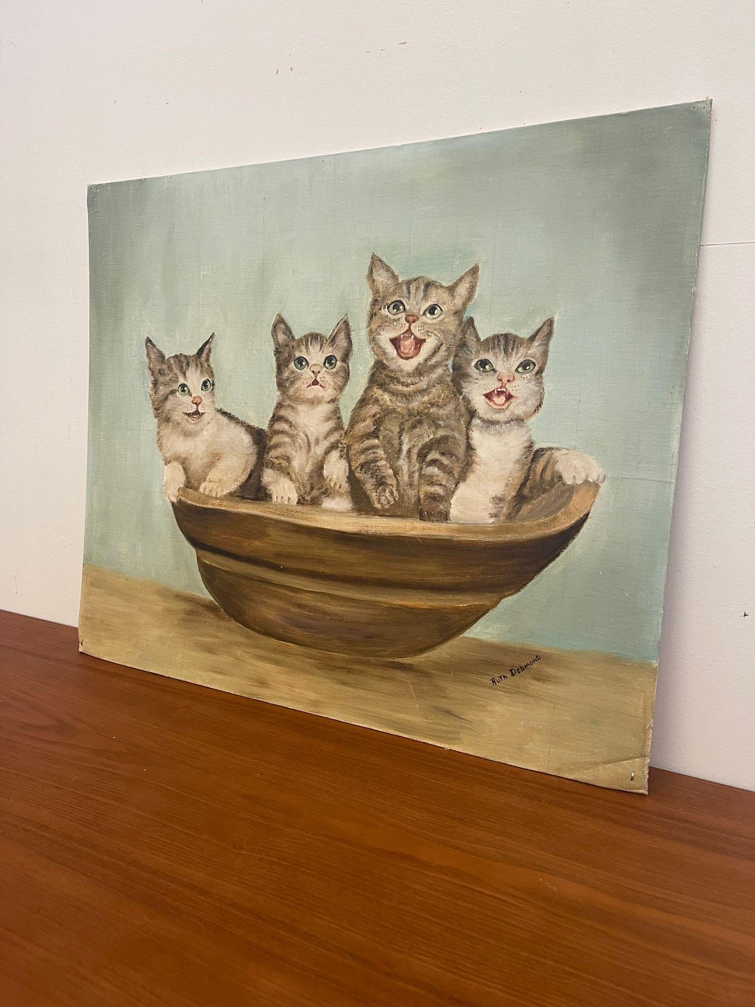 Mid-Century Modern Vintage Signed Original Painting of Kittens in a Basket. For Sale