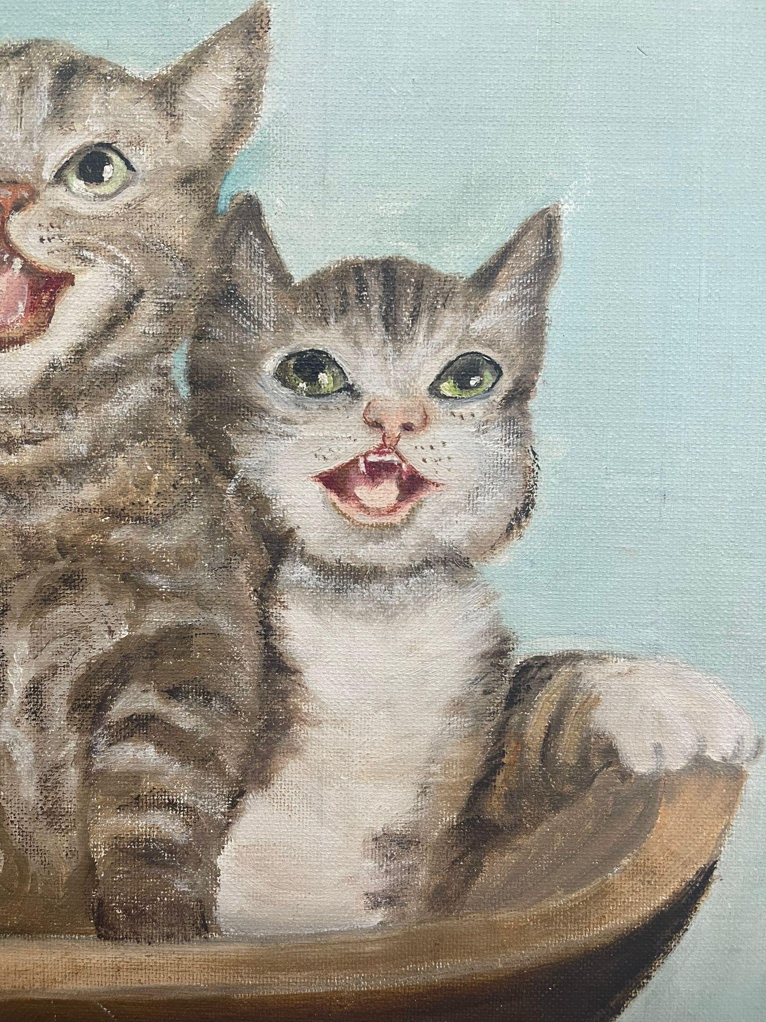 Vintage Signed Original Painting of Kittens in a Basket. In Good Condition For Sale In Seattle, WA