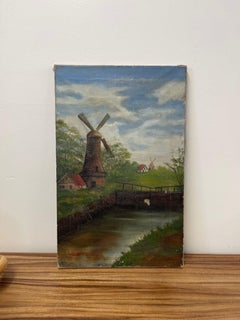 Vintage Signed Original Painting on Canvas of Windmill Landscape.