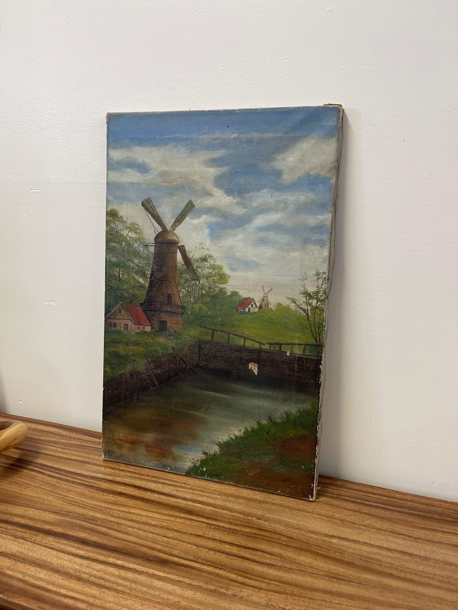 Mid-Century Modern Vintage Signed Original Painting on Canvas of Windmill Landscape. For Sale