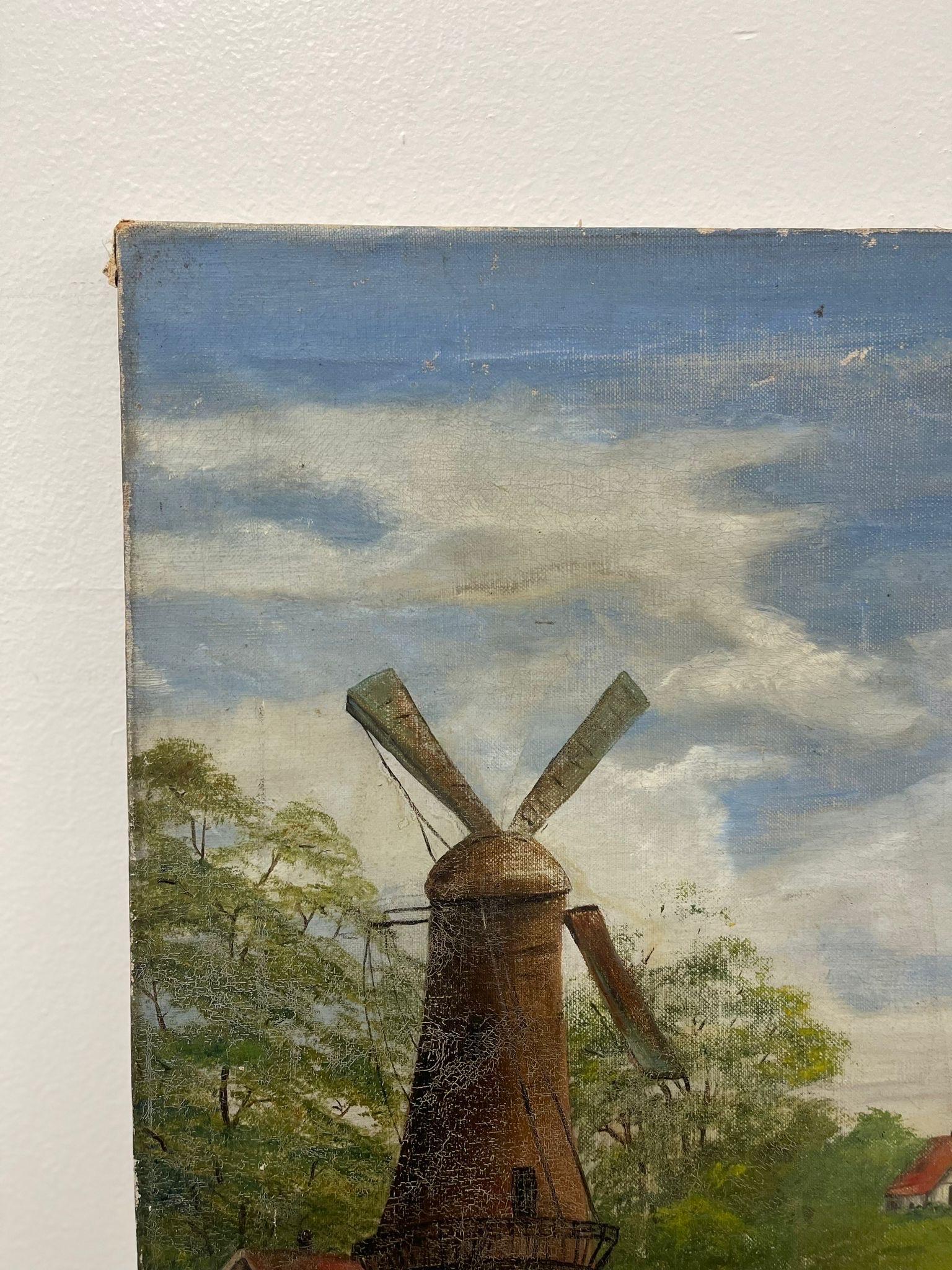 Vintage Signed Original Painting on Canvas of Windmill Landscape. In Good Condition For Sale In Seattle, WA