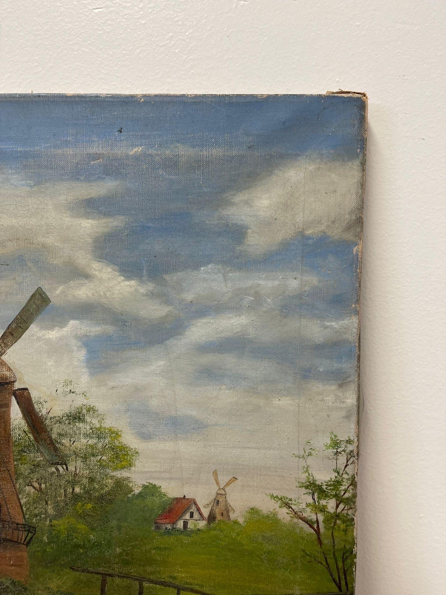 Late 20th Century Vintage Signed Original Painting on Canvas of Windmill Landscape. For Sale
