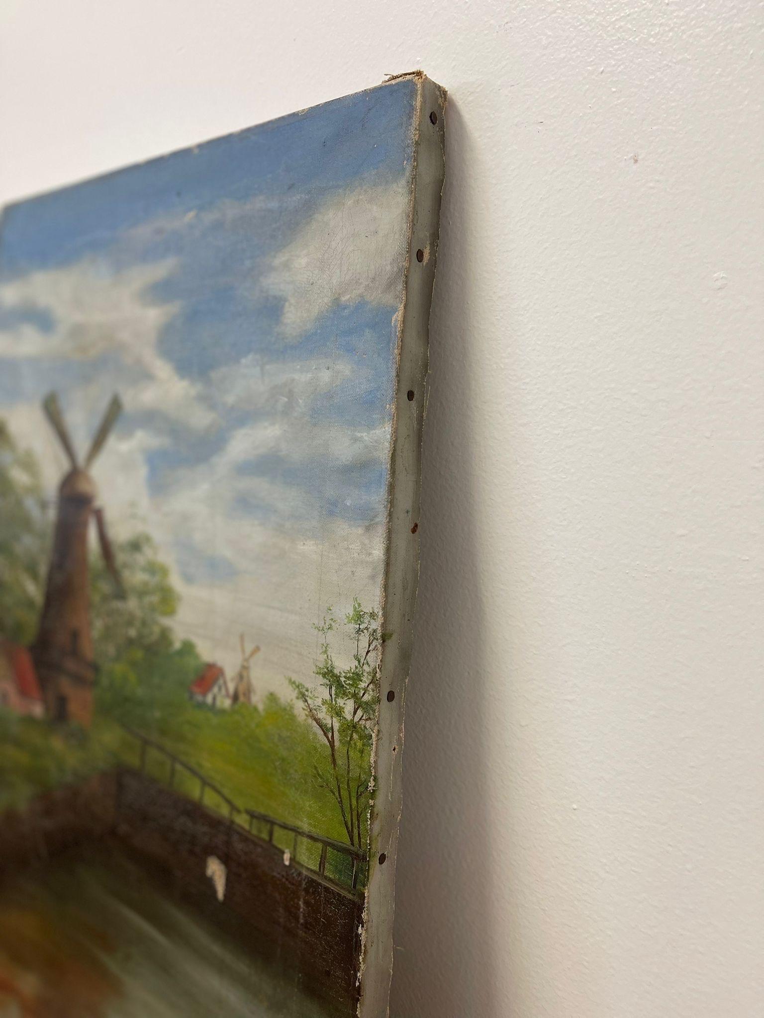 Vintage Signed Original Painting on Canvas of Windmill Landscape. For Sale 2