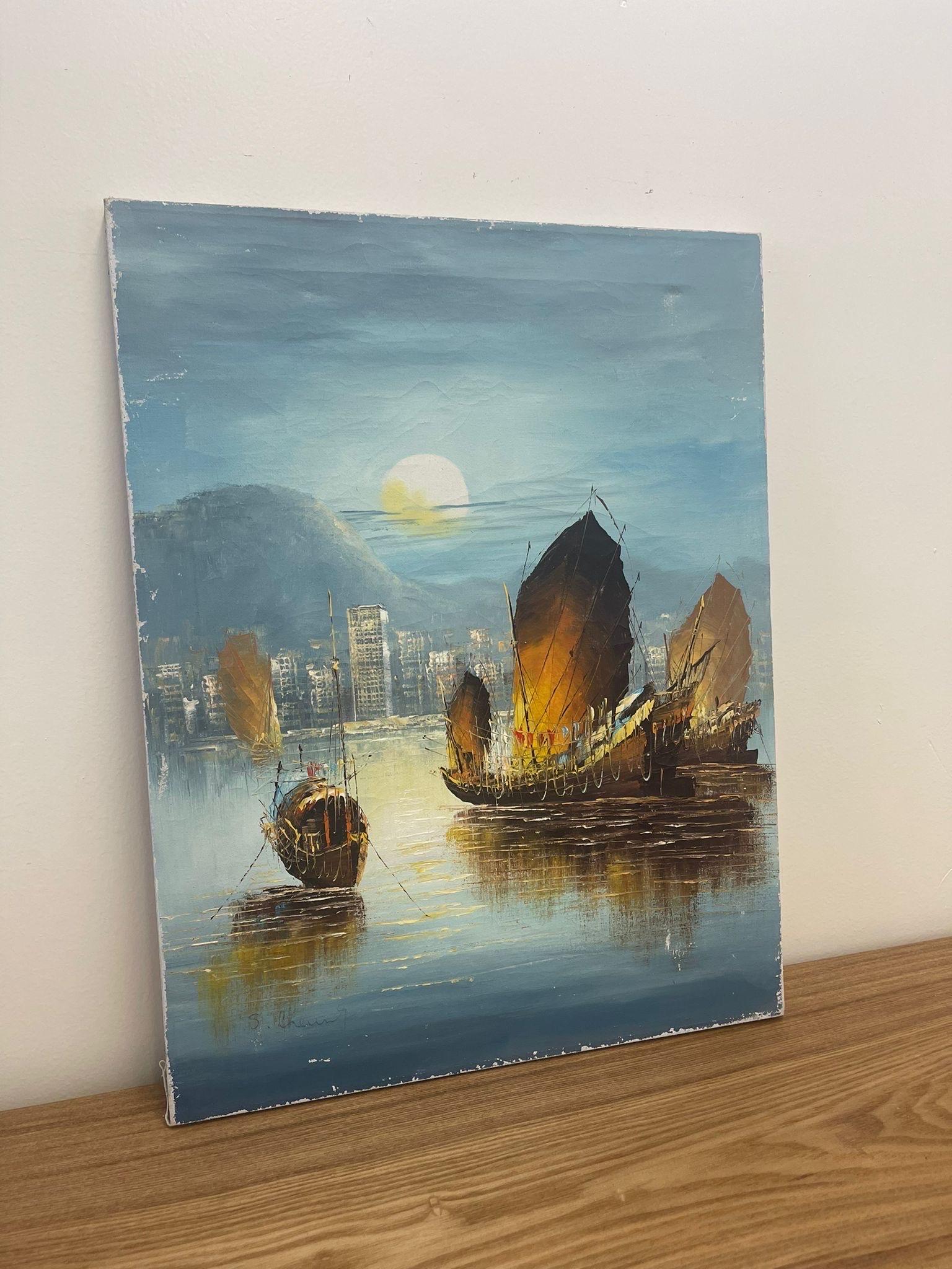 Possibly oil or acrylic painting. Cracking and Patina to the work shows aging. The yellow sailboats are beautifully contrasted by the blue background. Vintage Condition Consistent with Age as Pictured.

Dimensions. 18 1/2 W ; 1/4 D ; 24 H