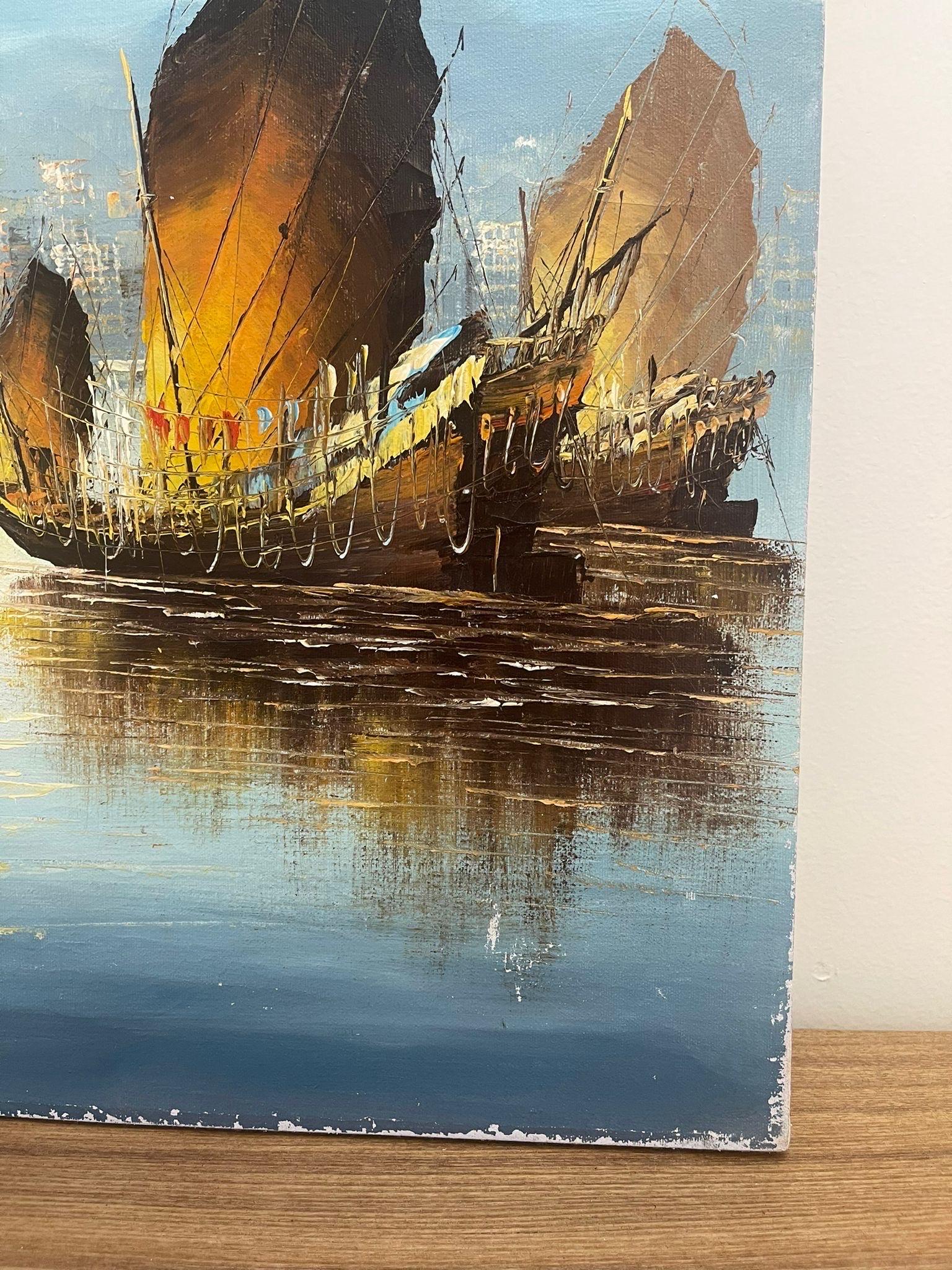 Vintage Signed Original Scenic Artwork of Sailboats on Canvas. 1