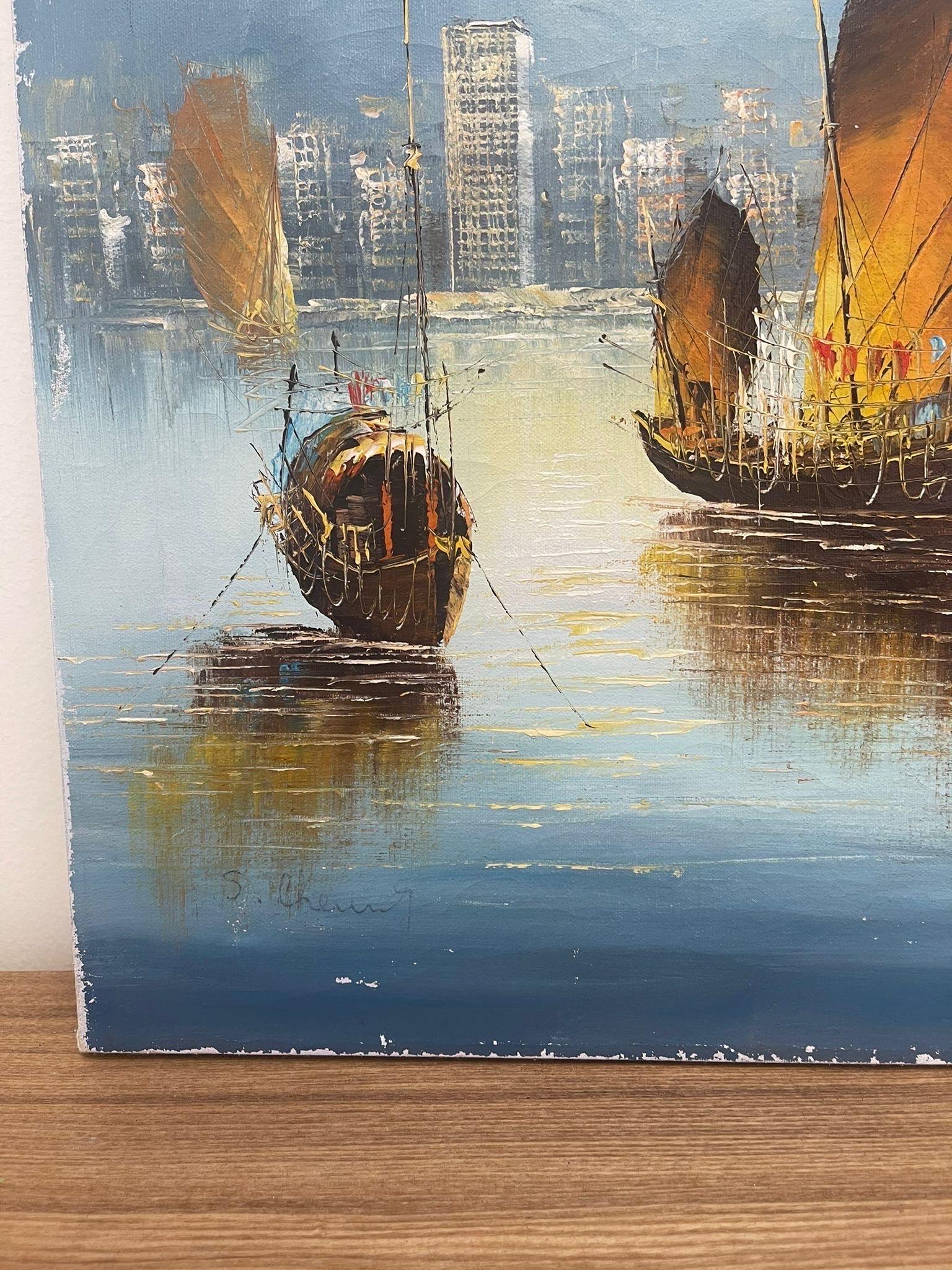 Vintage Signed Original Scenic Artwork of Sailboats on Canvas. 1