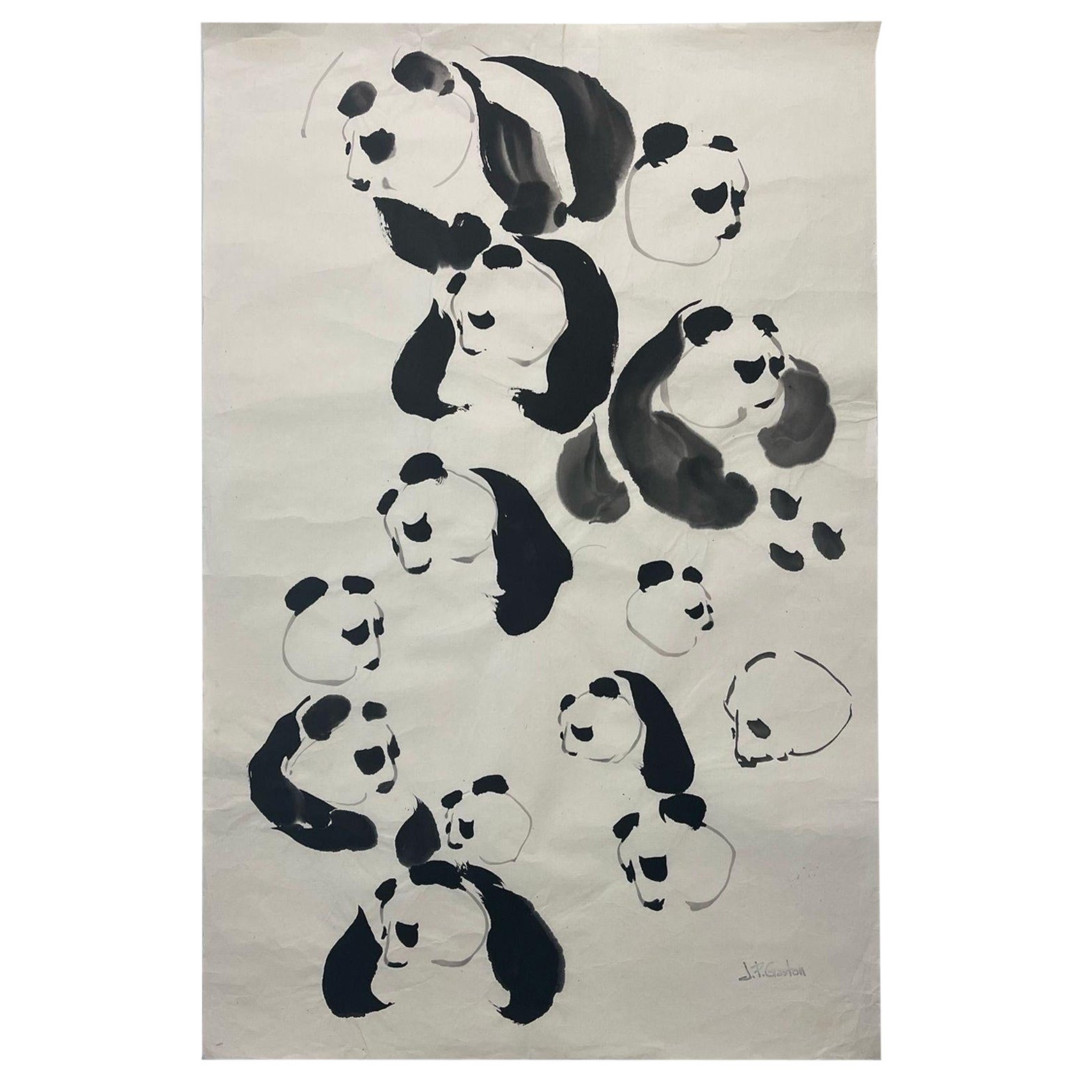 Signiertes Original-Aquarellgemälde eines Panda-Bär-Studiums, Vintage. im Angebot