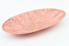 Vintage Signed Oval Ceramic Bowl In Pink and Gold Textural Design, 1960's
