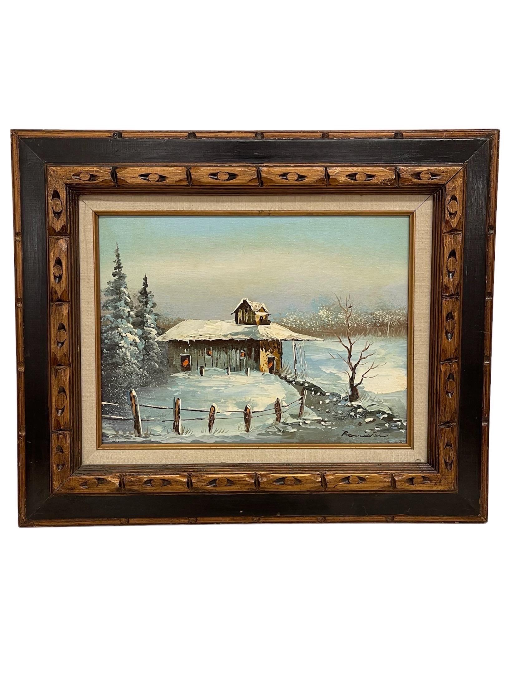 Vintage signed painting of winter cabin on canvas.

Dimensions. 23 1/2 W ; 19 1/2 H.