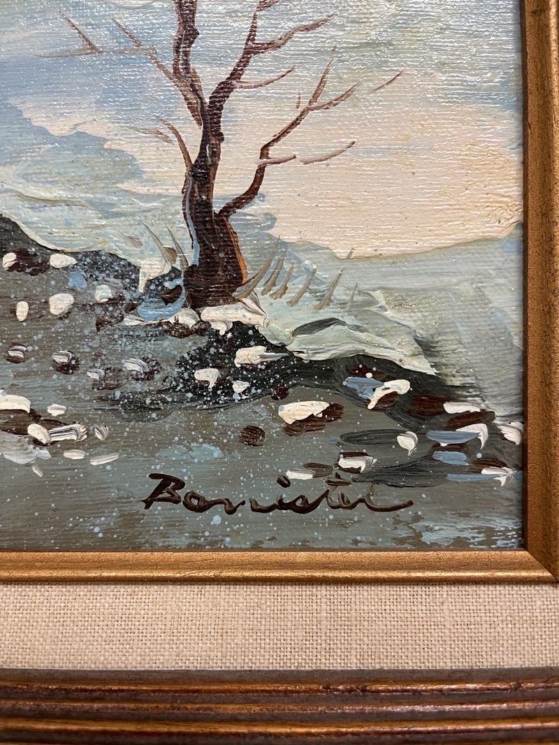 Signiertes Gemälde „Winter Cabin“ auf Leinwand. (Moderne der Mitte des Jahrhunderts) im Angebot