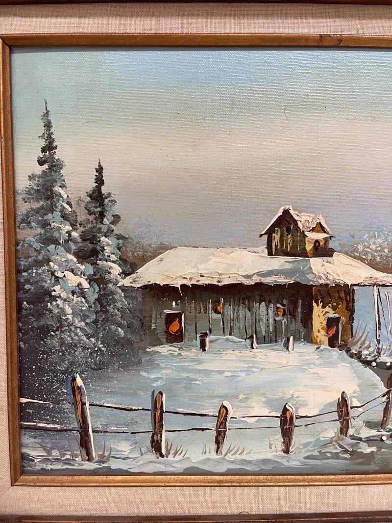 Peinture vintage signée d'une cabane d'hiver sur toile. Bon état - En vente à Seattle, WA