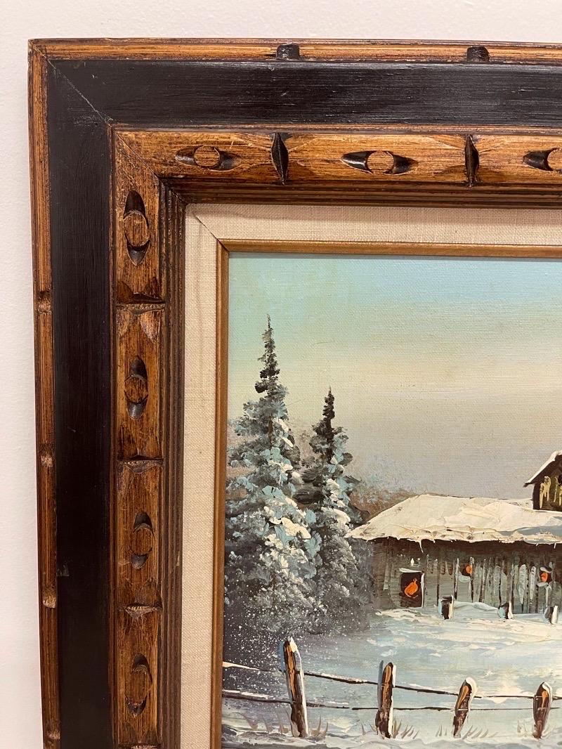 Mid-Century Modern Vintage Signed Painting of Winter Cabin on Canvas For Sale