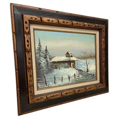 Vintage Signed Painting of Winter Cabin on Canvas