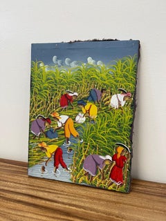 Vintage Signed Painting on Fabric Canvas of Field Workers.