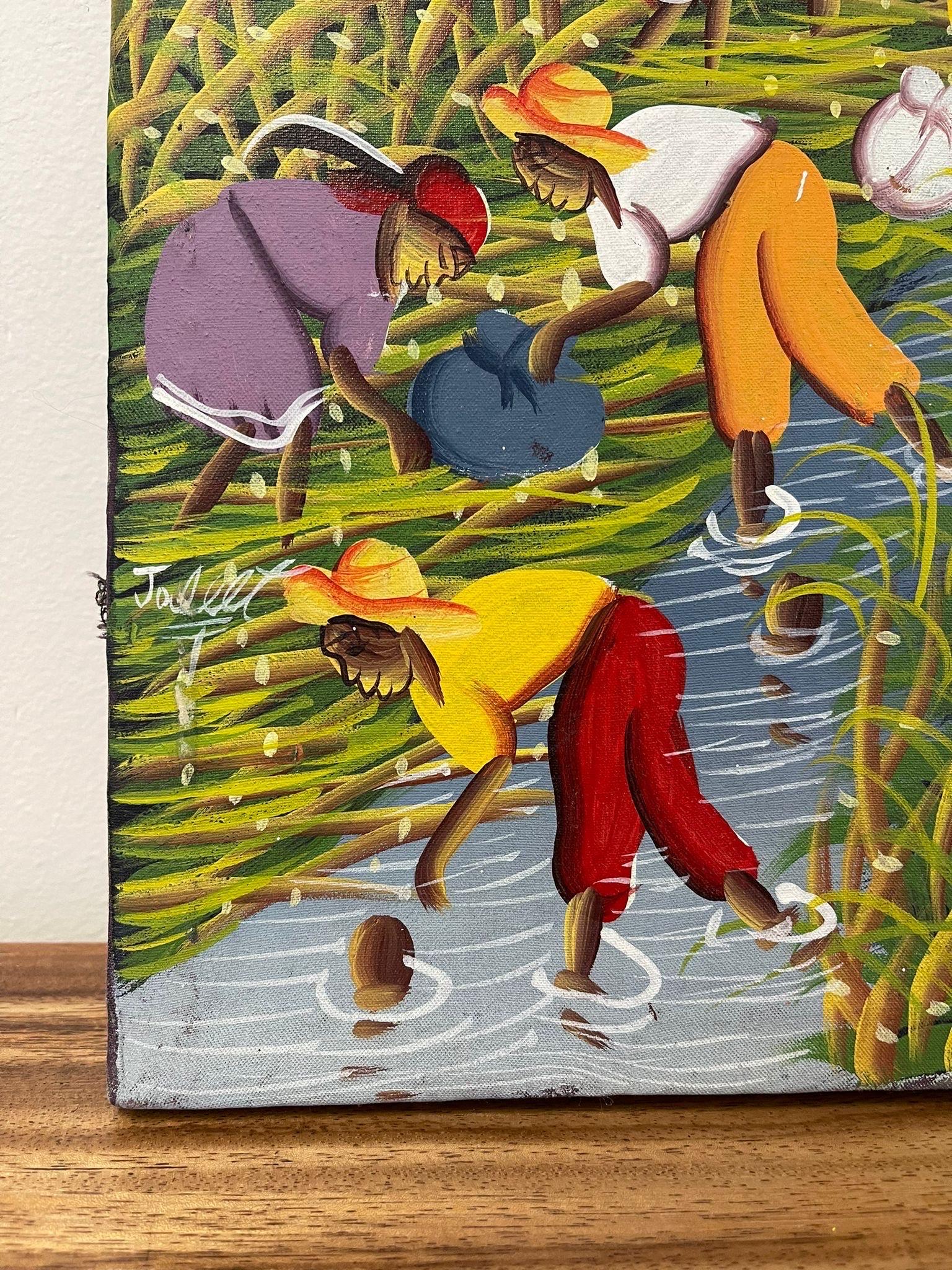 Vintage Signed Painting on Fabric Canvas of Field Workers. For Sale 1
