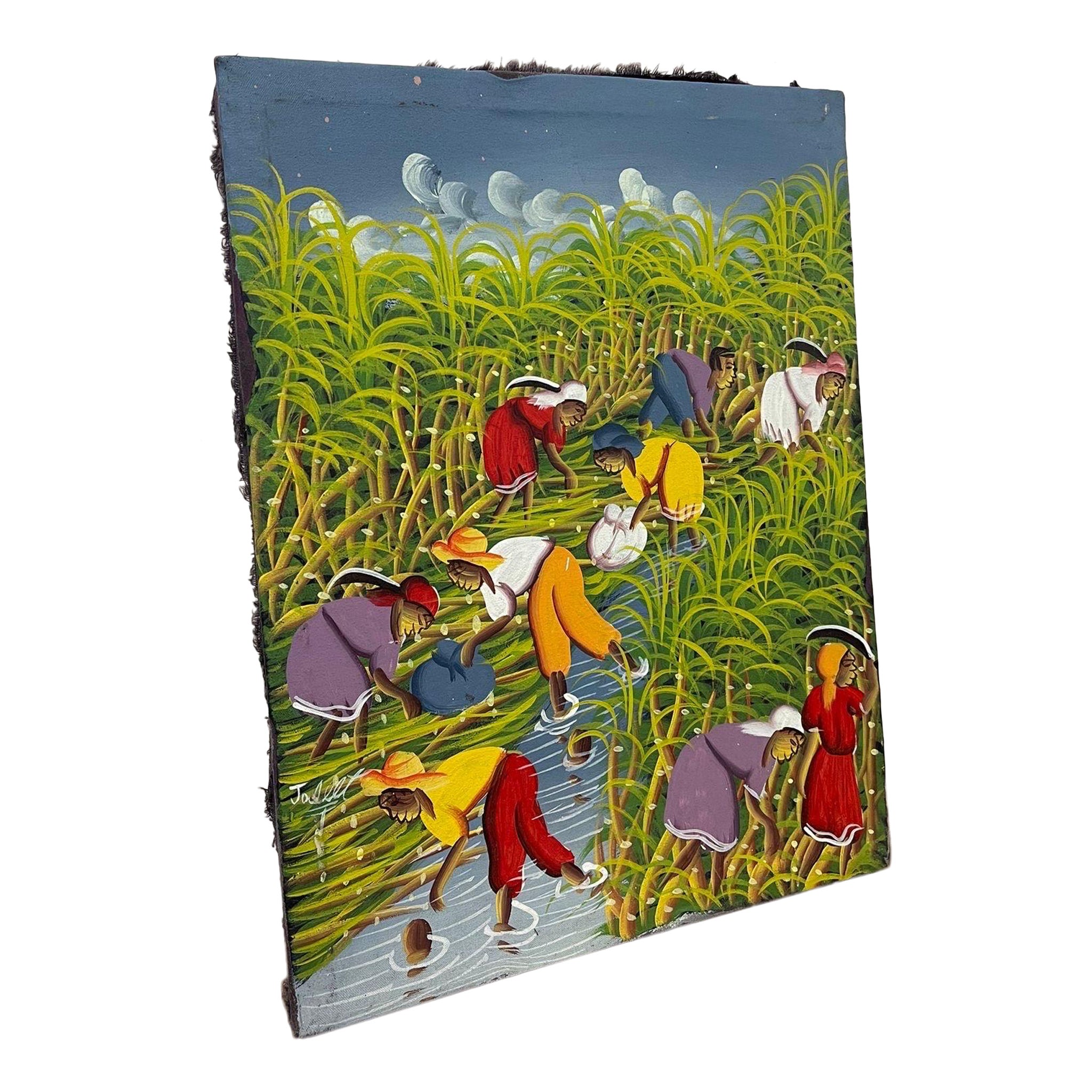 Signiertes Gemälde auf Stoff-Leinwand von Feldarbeitern, Vintage. im Angebot