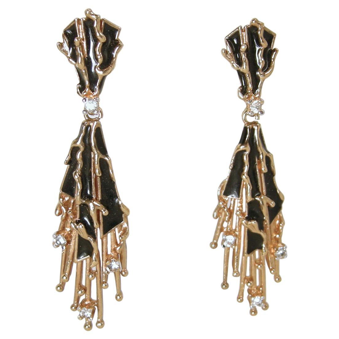Vintage Signed Panetta Black & Gold Drop Earrings For Sale