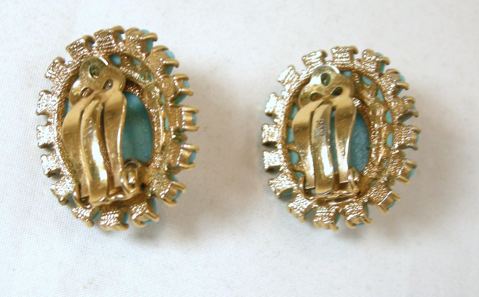 Vintage Signed Panetta Faux Turquoise & Clear Crystals Earrings In Good Condition In New York, NY