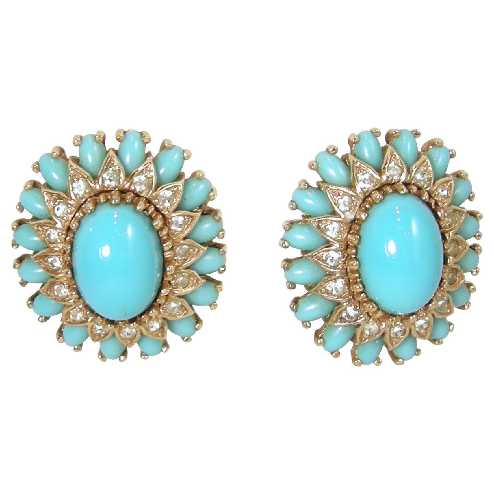 Vintage Signed Panetta Faux Turquoise & Clear Crystals Earrings