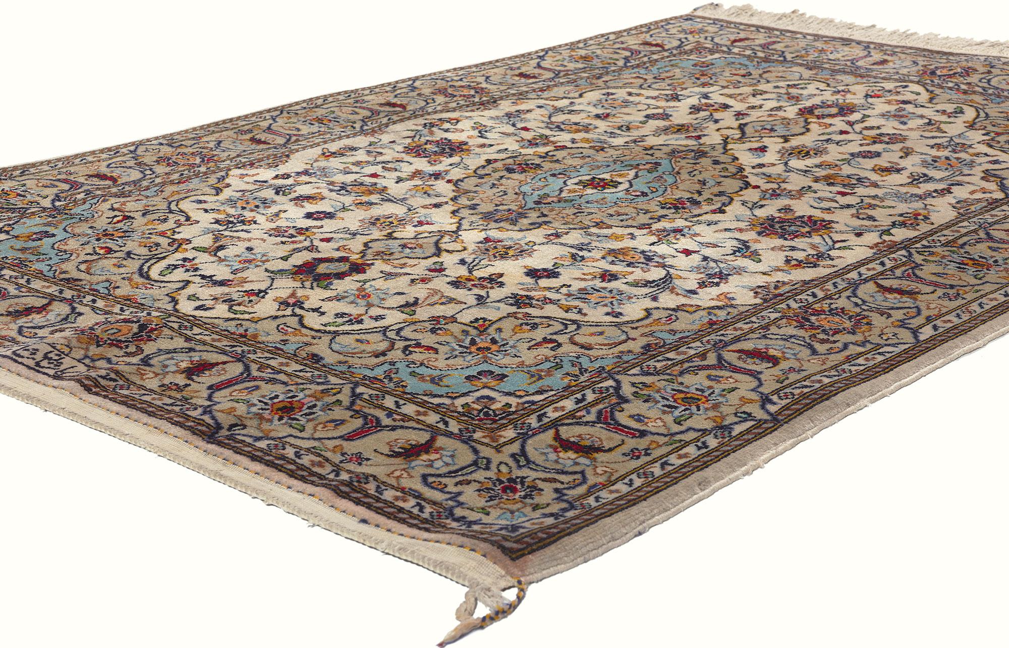 78701 Vintage Persian Shadsar Kashan Rug, 03'11 x 05'09. Persian Shadsar Kashan rugs, originating from Iran's Kashan region, epitomize meticulous hand-knotted craftsmanship, renowned for their intricate designs and superior quality. These rugs,