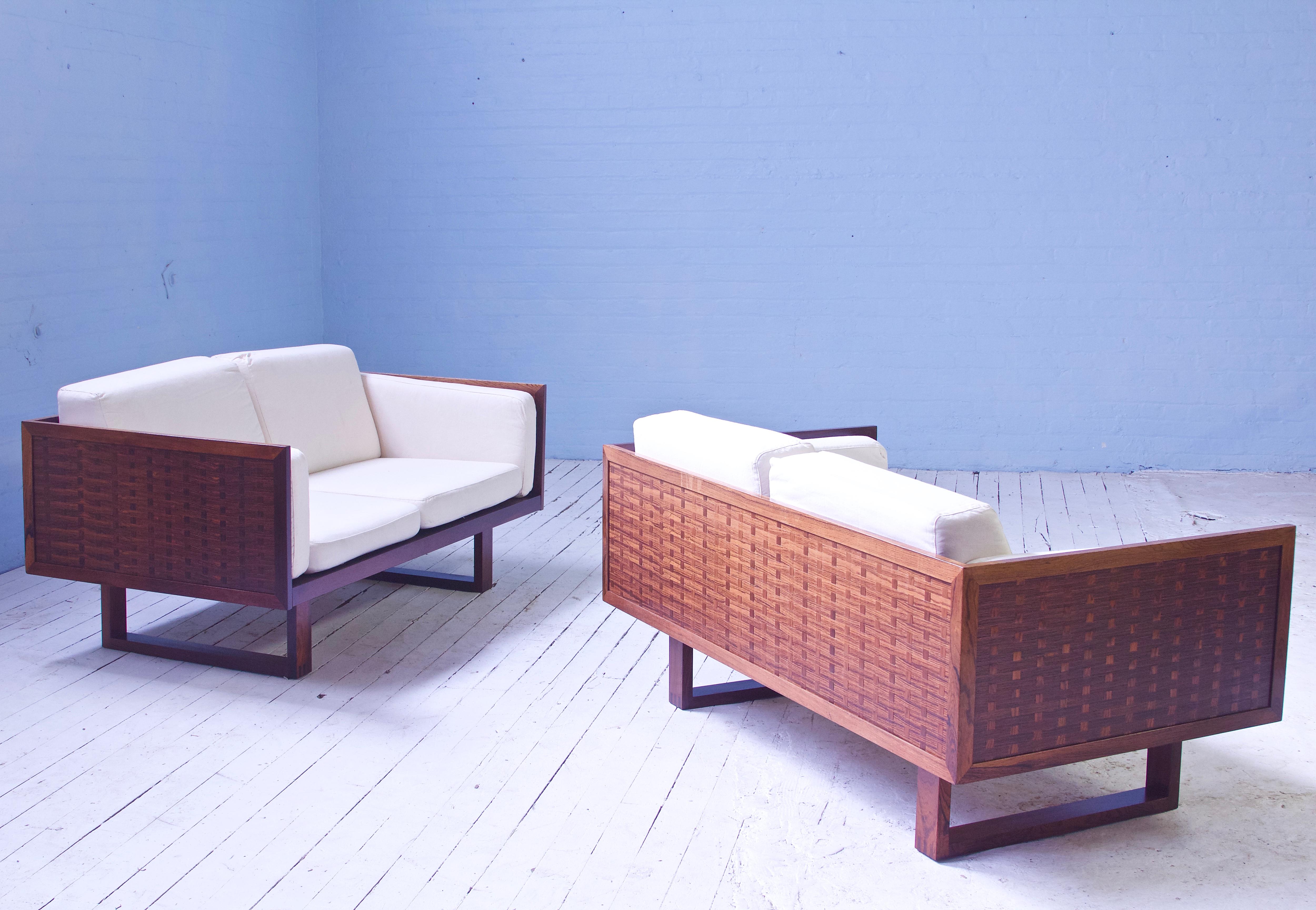 Scandinavian Modern Vintage Signed Poul Cadovius 'Basketweave' Settee in Rosewood and Cotton, 1960s