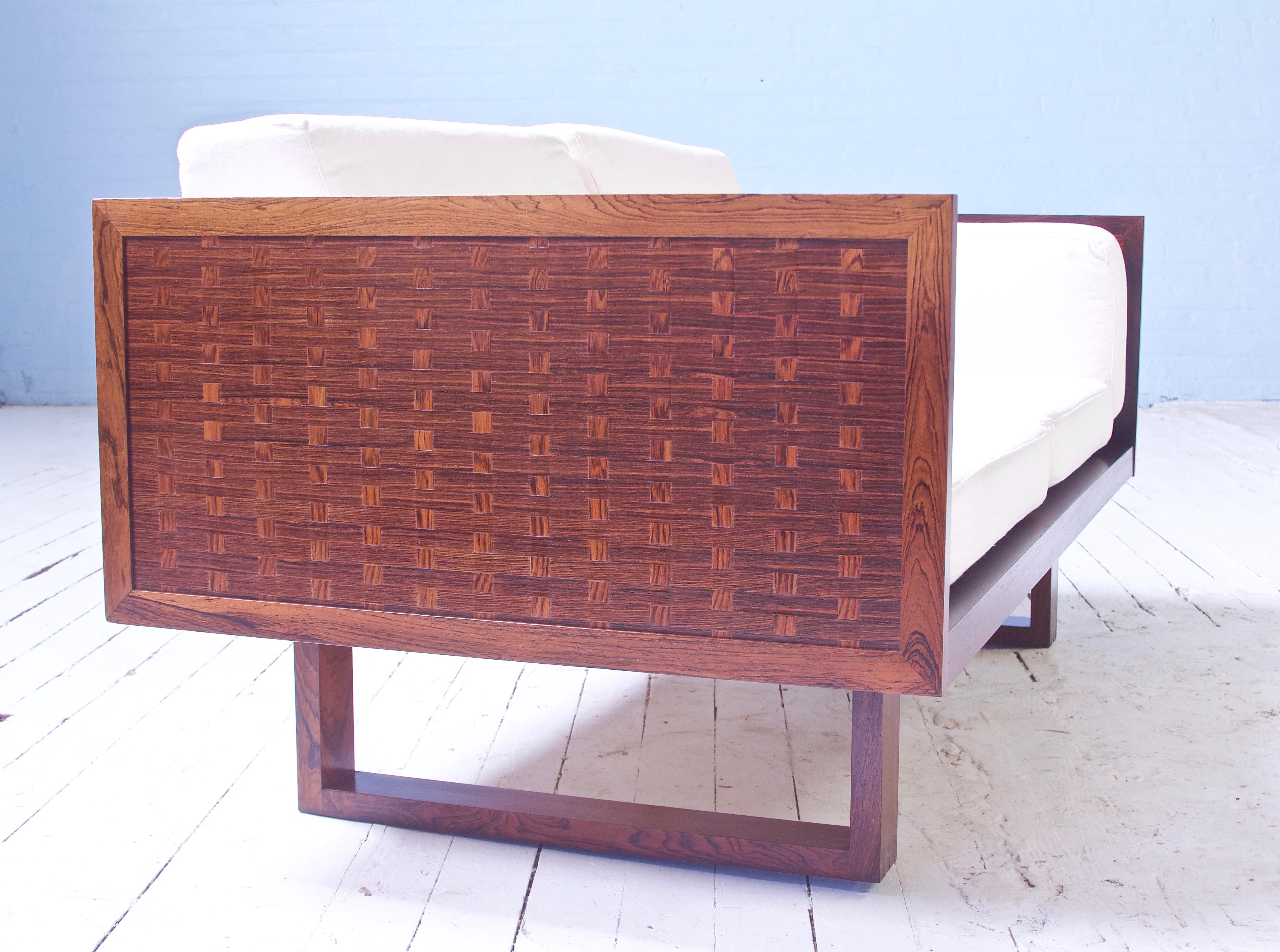 Vintage Signed Poul Cadovius 'Basketweave' Settee in Rosewood and Cotton, 1960s In Good Condition In Brooklyn, NY