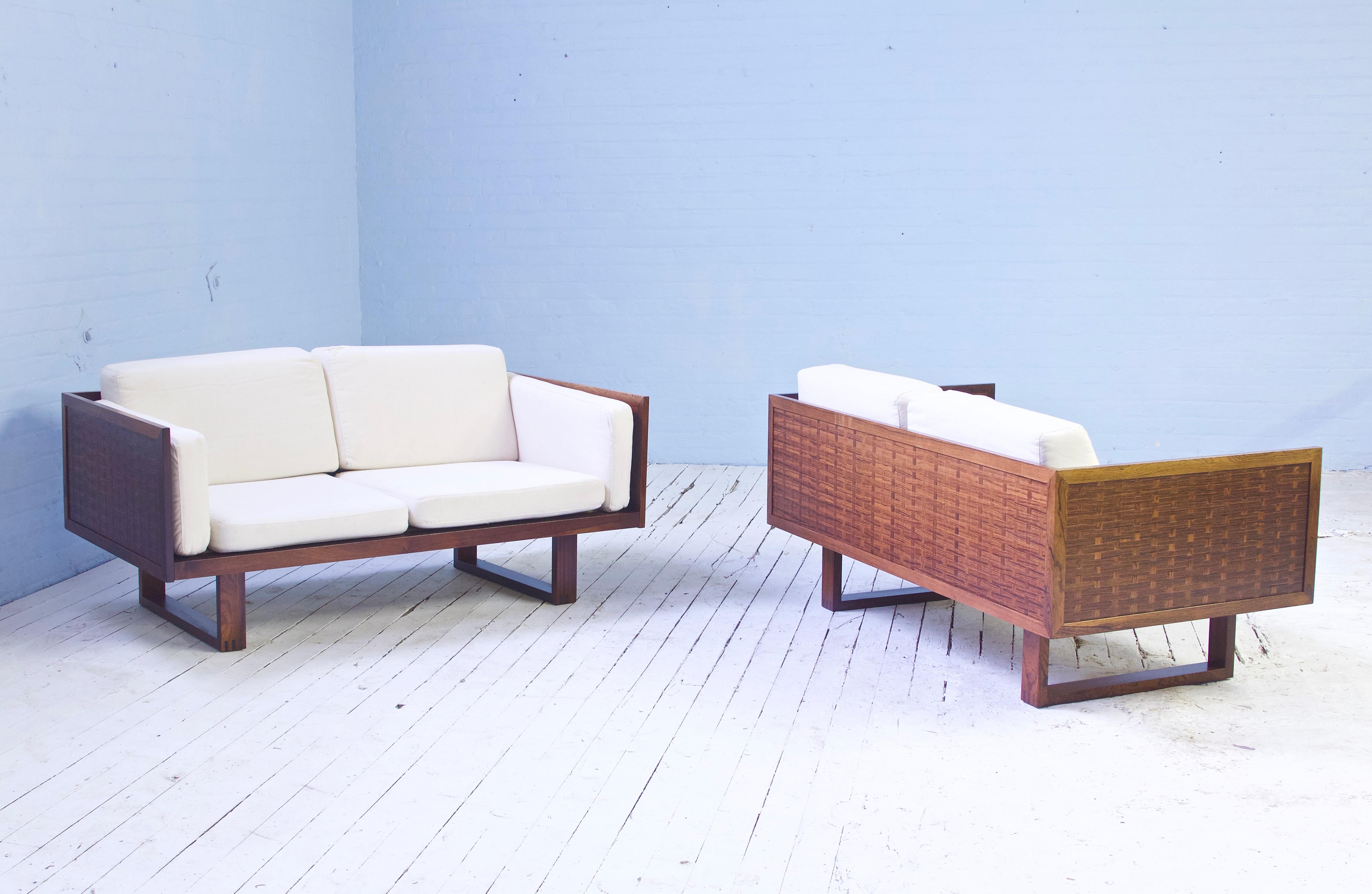 Vintage Signed Poul Cadovius 'Basketweave' Settee in Rosewood and Cotton, 1960s 1