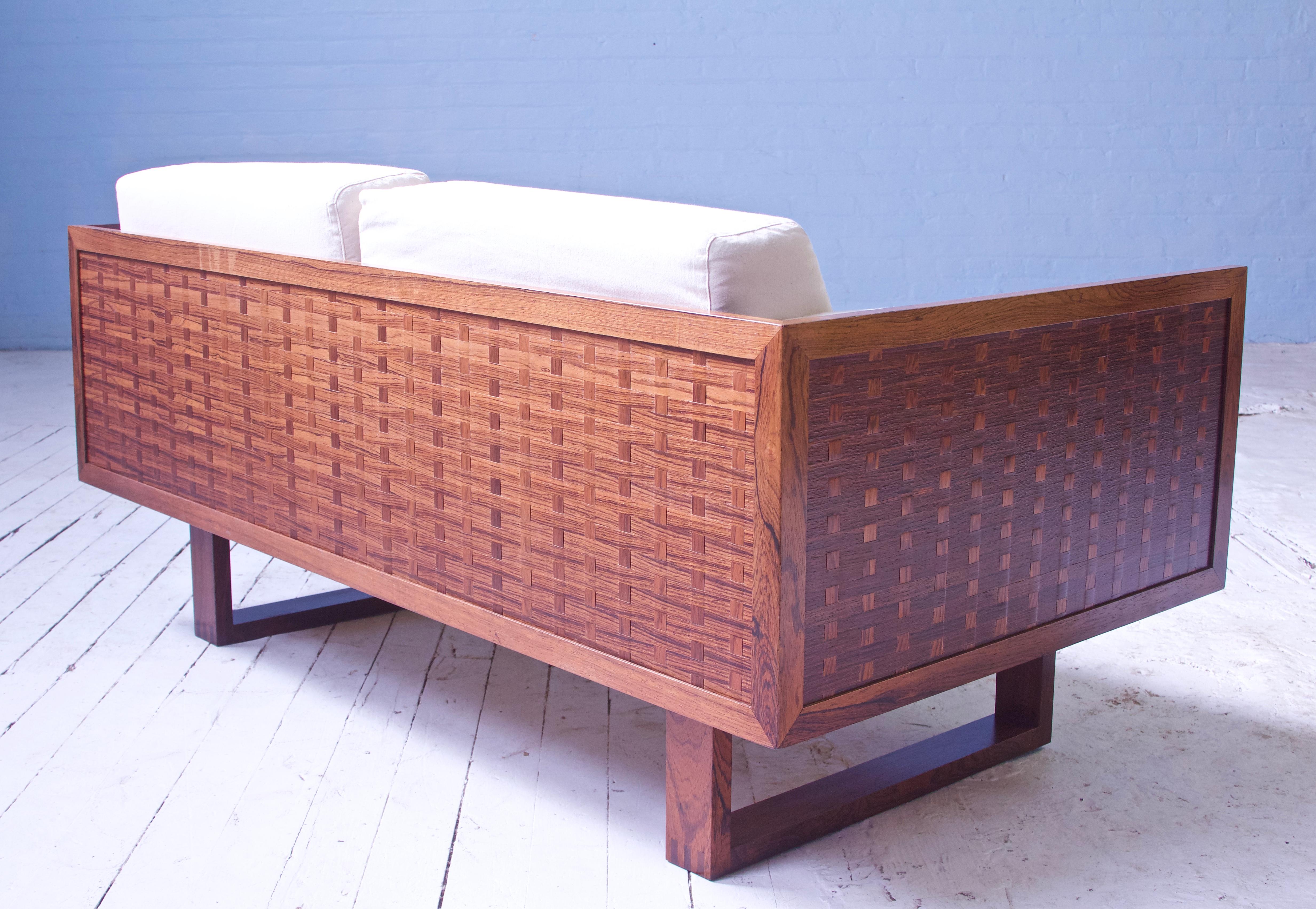 Vintage Signed Poul Cadovius 'Basketweave' Settees in Rosewood and Cotton, 1960s In Good Condition In Brooklyn, NY