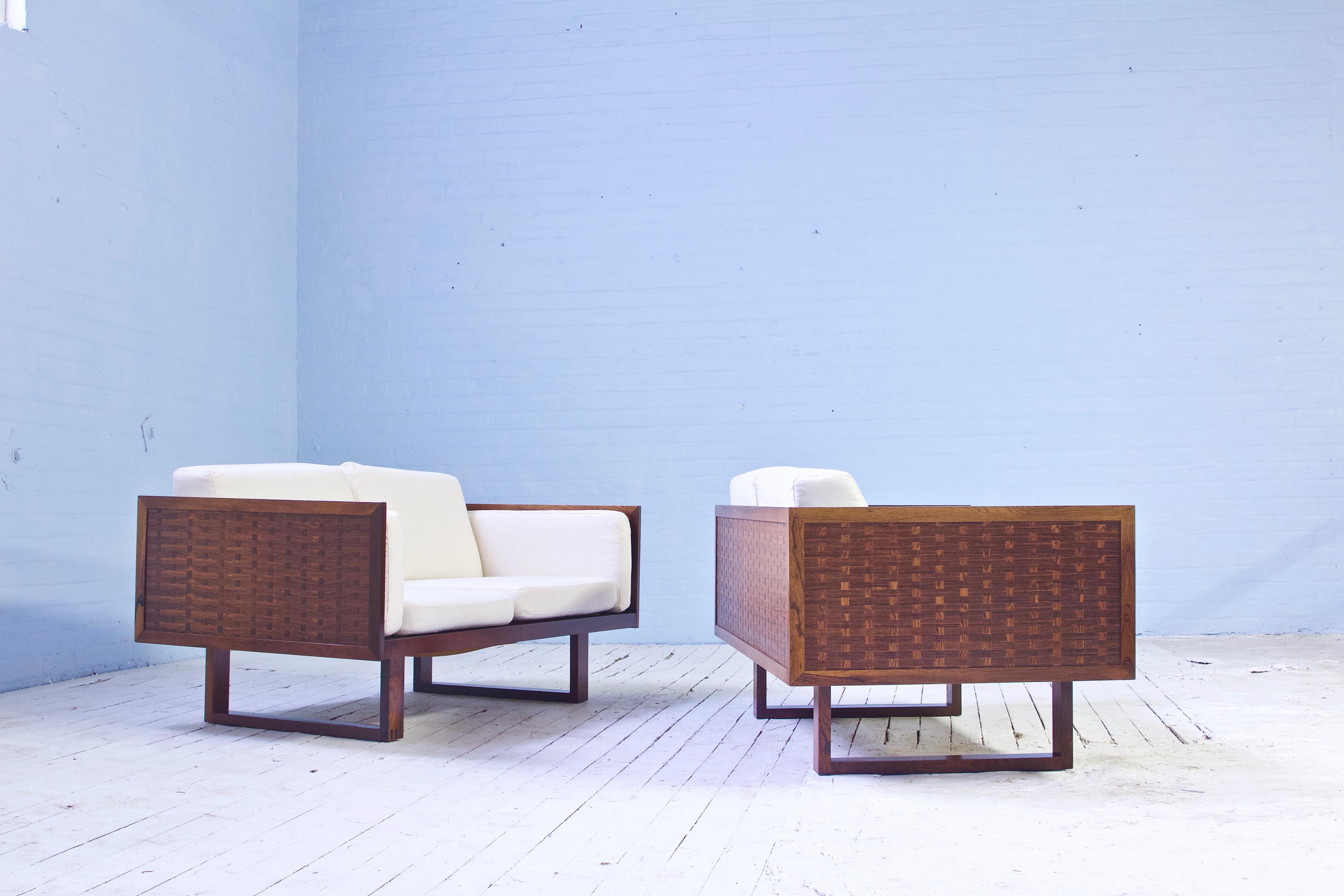Mid-20th Century Vintage Signed Poul Cadovius 'Basketweave' Settees in Rosewood and Cotton, 1960s