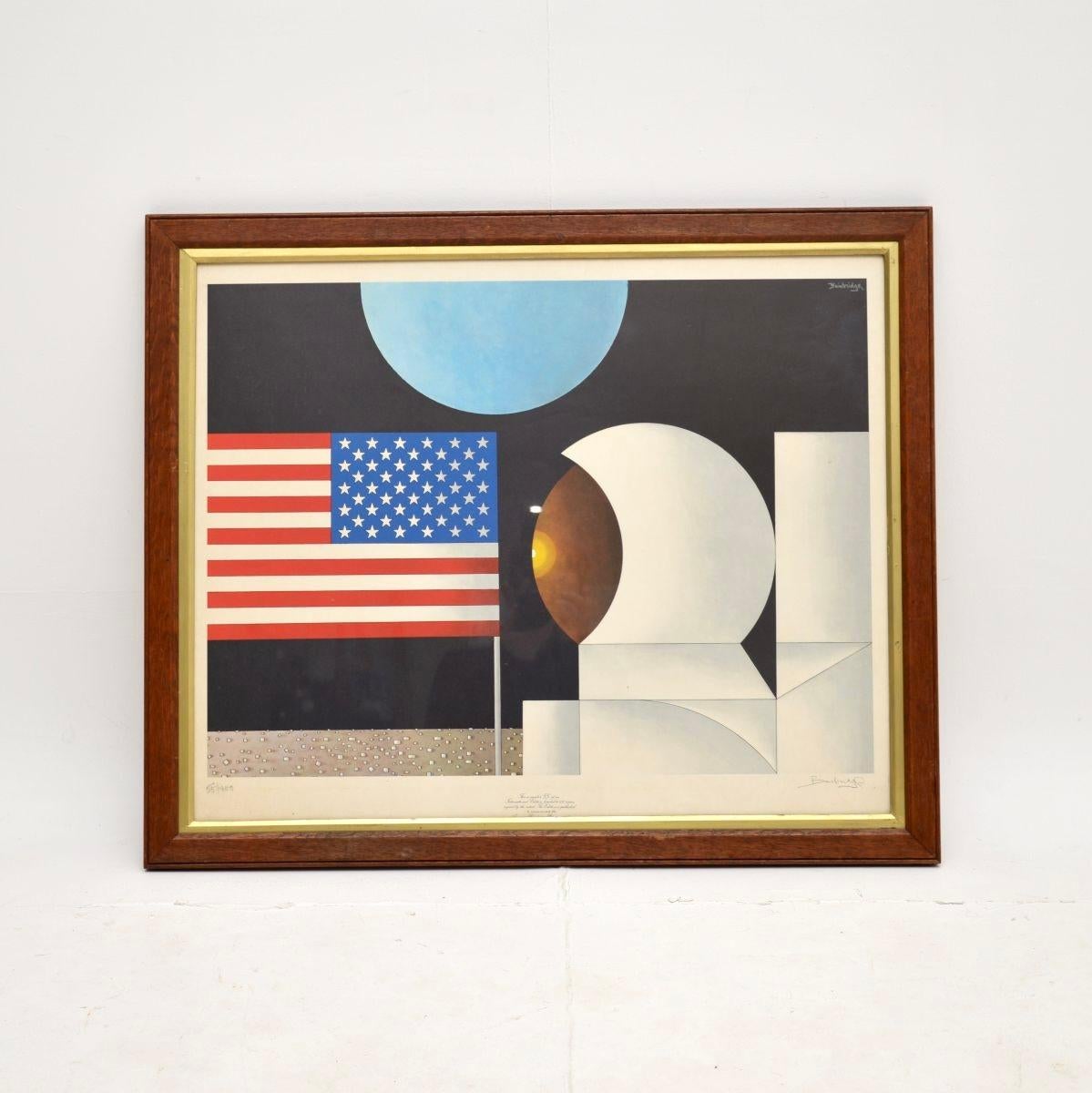 A fantastic vintage signed print from the American revolution bicentennial, dating from 1976.

This is beautifully designed, clearly celebrating the USA’s achievements in space exploration. It is signed by the artist ‘Bainbridge’ and is numbered 55
