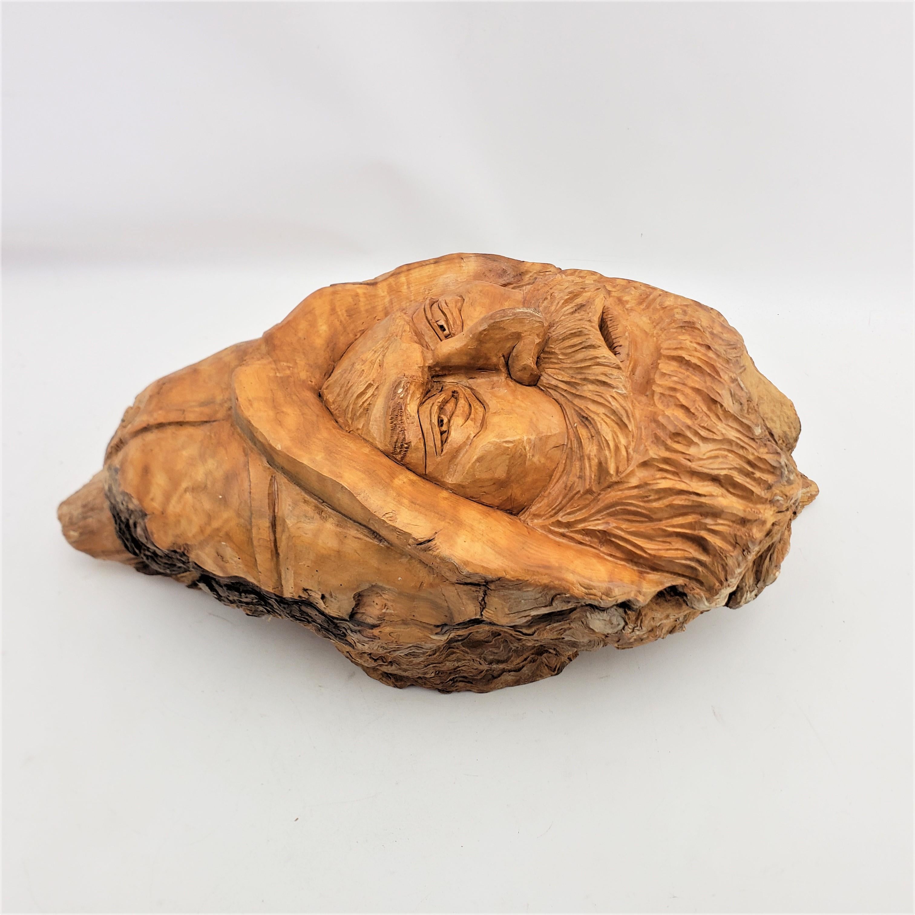 Pine Vintage Signed Quebec Folk Art Carved Burlwood Wall Sculpture of a Bearded Man For Sale