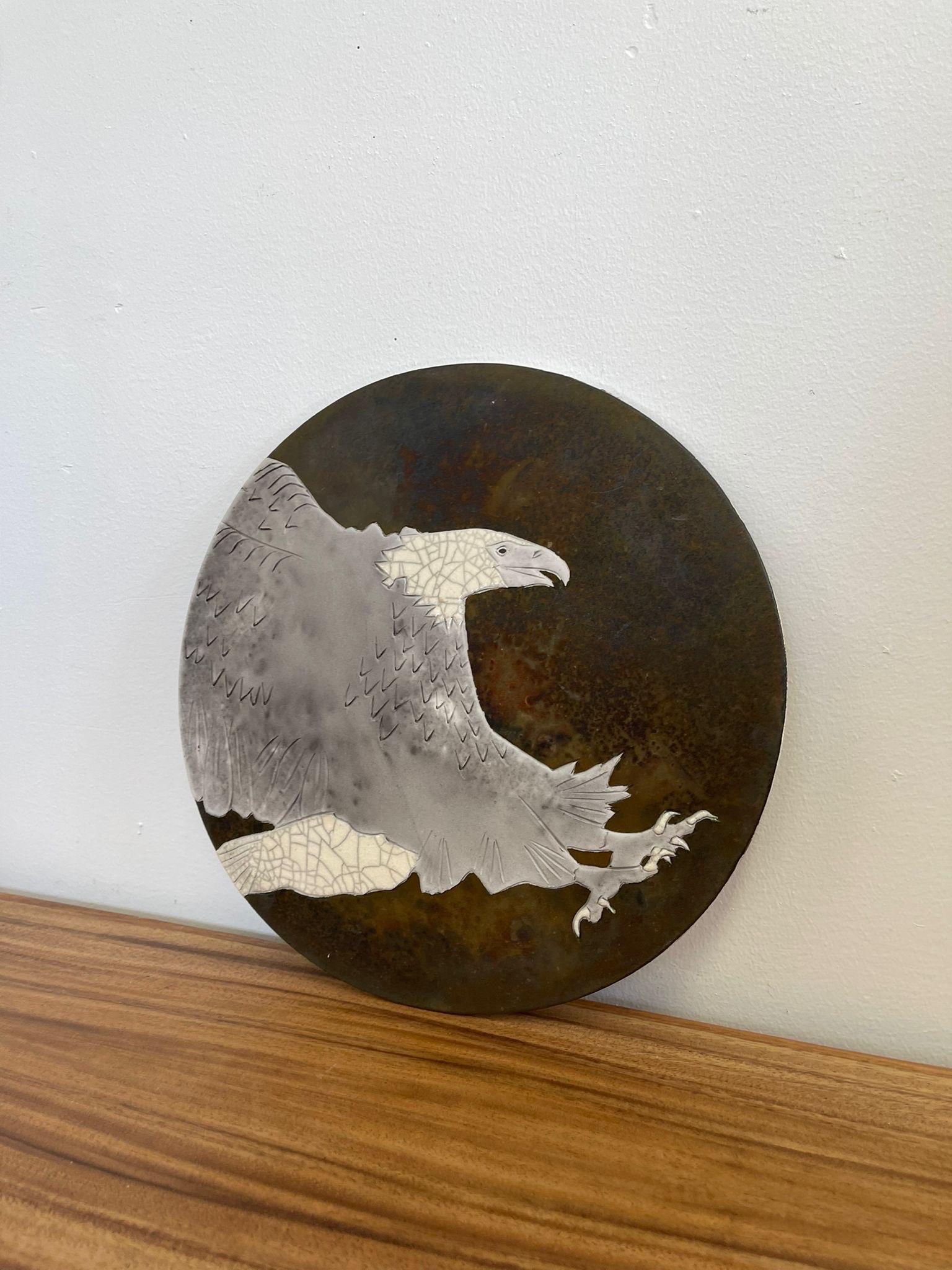 Mid-Century Modern Vintage Signed Raku Ceramic Wall Art by Tom and Nancy Giusti With Eagle Motif. For Sale
